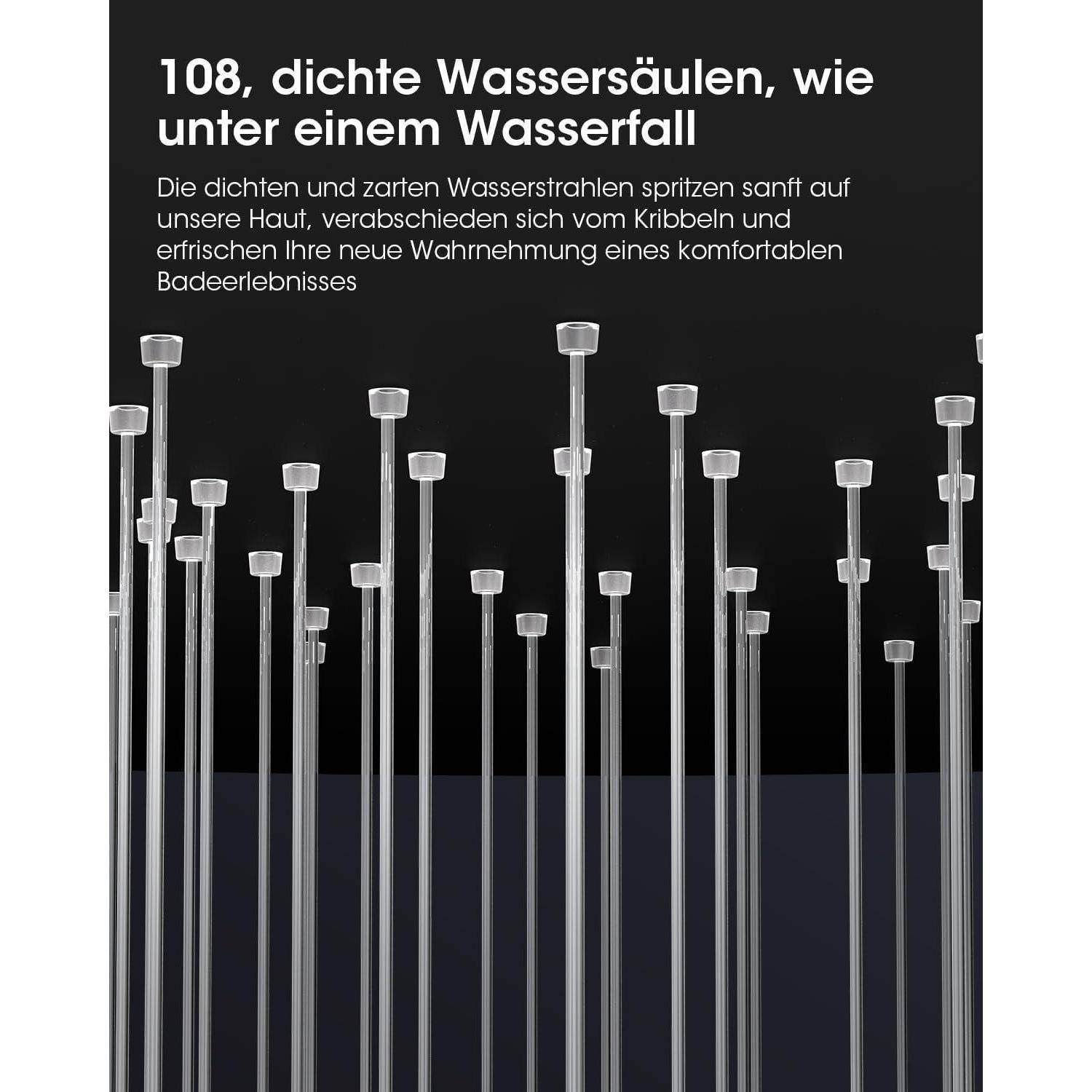 108, dichte Wassersäulen, wie unter einem Wasserfall.' Das Bild zeigt zahlreiche vertikale Wasserströme vor einem dunklen Hintergrund und veranschaulicht ein beruhigendes Badeerlebnis.