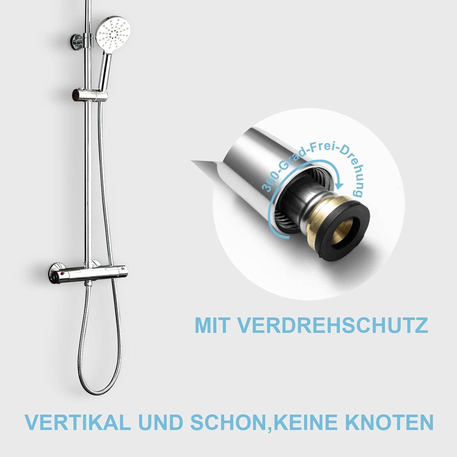 Ein modernes Duschset mit einer Anti-Twist-Schlauchfunktion, hervorgehoben durch ein Einschubbild, das die '360-Grad-Frei-Drehung' zeigt.