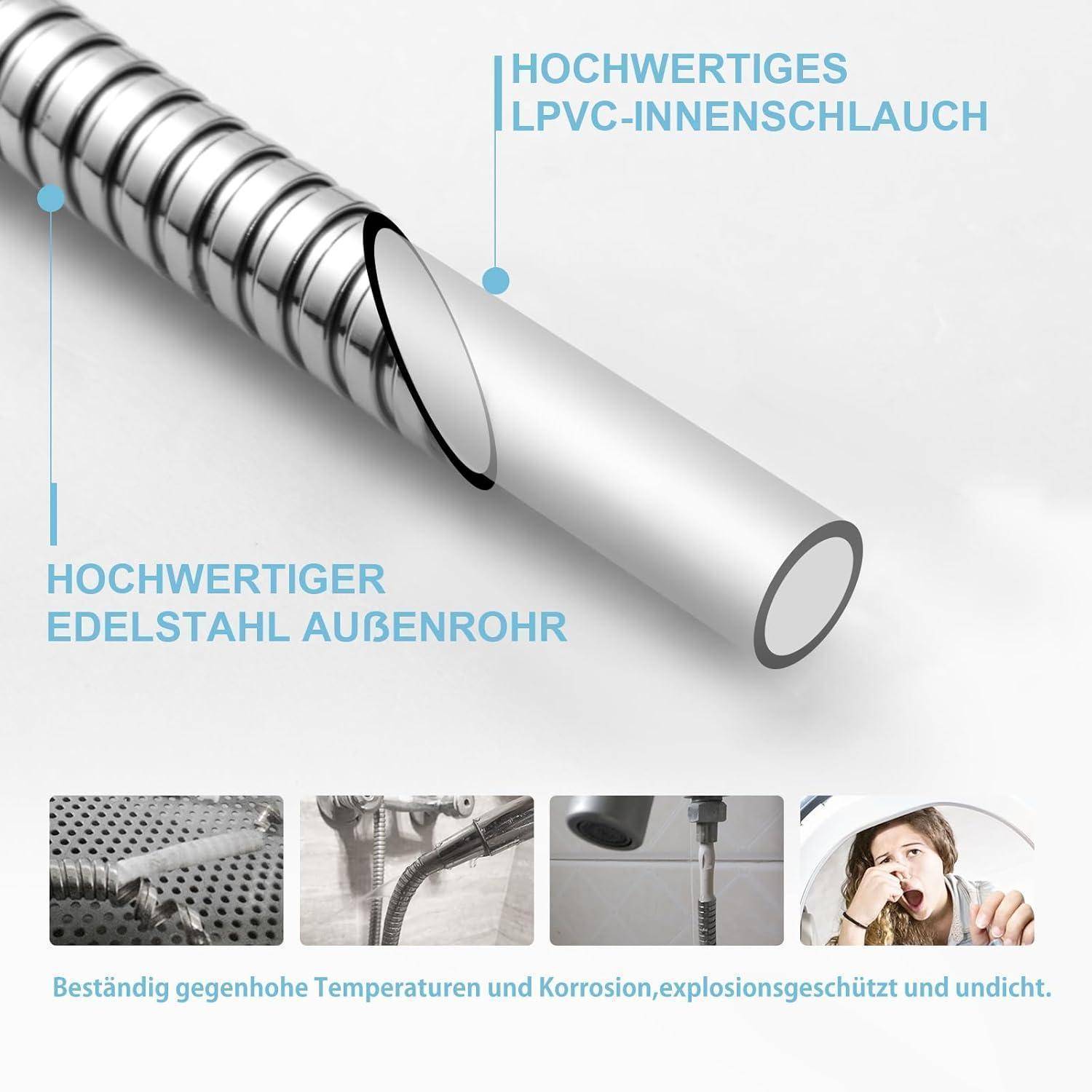 Ein Edelstahlschlauch mit gekennzeichneten Schichten: 'Hochwertiges PVC-Innenschlauch' und 'Hochwertiger Edelstahl-Außenrohr'. Widerstandsfähig gegen Temperatur, Korrosion, explosionssicher und abgedichtet.
