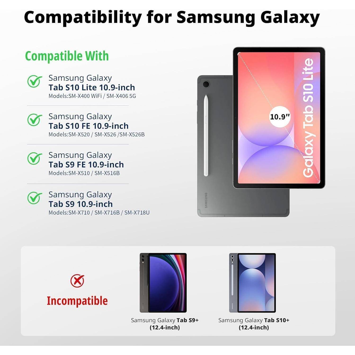 "Kompatibilität für Samsung Galaxy" mit einer Checkliste der kompatiblen Modelle: ""Tab S10 Lite 10,9 Zoll"", ""Tab S7 FE 10,9 Zoll"", ""Tab S9 10,9 Zoll"". Tab S10 Lite Bild gezeigt.