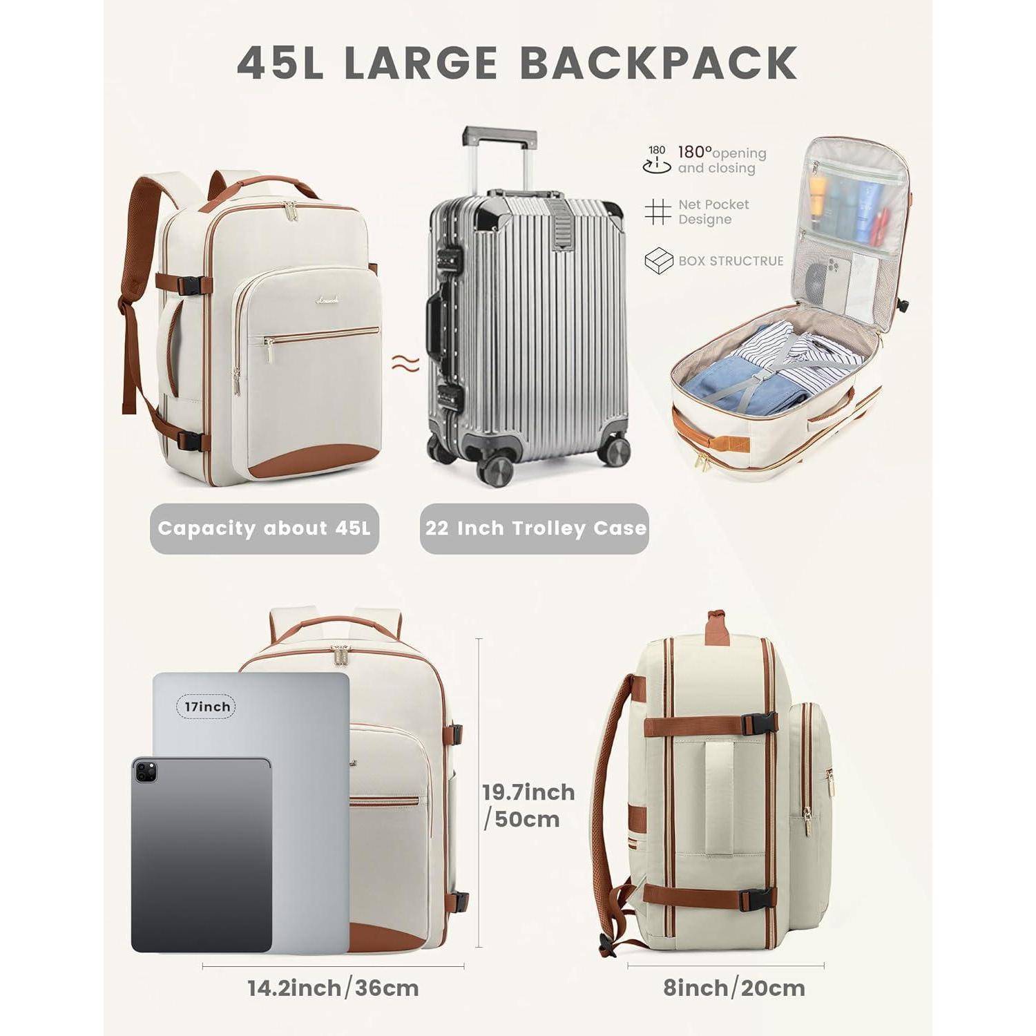 45L Großer Rucksack': Beiger Rucksack, Vorder- und Seitenansicht; passt einen 17-Zoll-Laptop. Gezeigt mit einem 22-Zoll-Trolley und geöffnet zur Lageransicht.