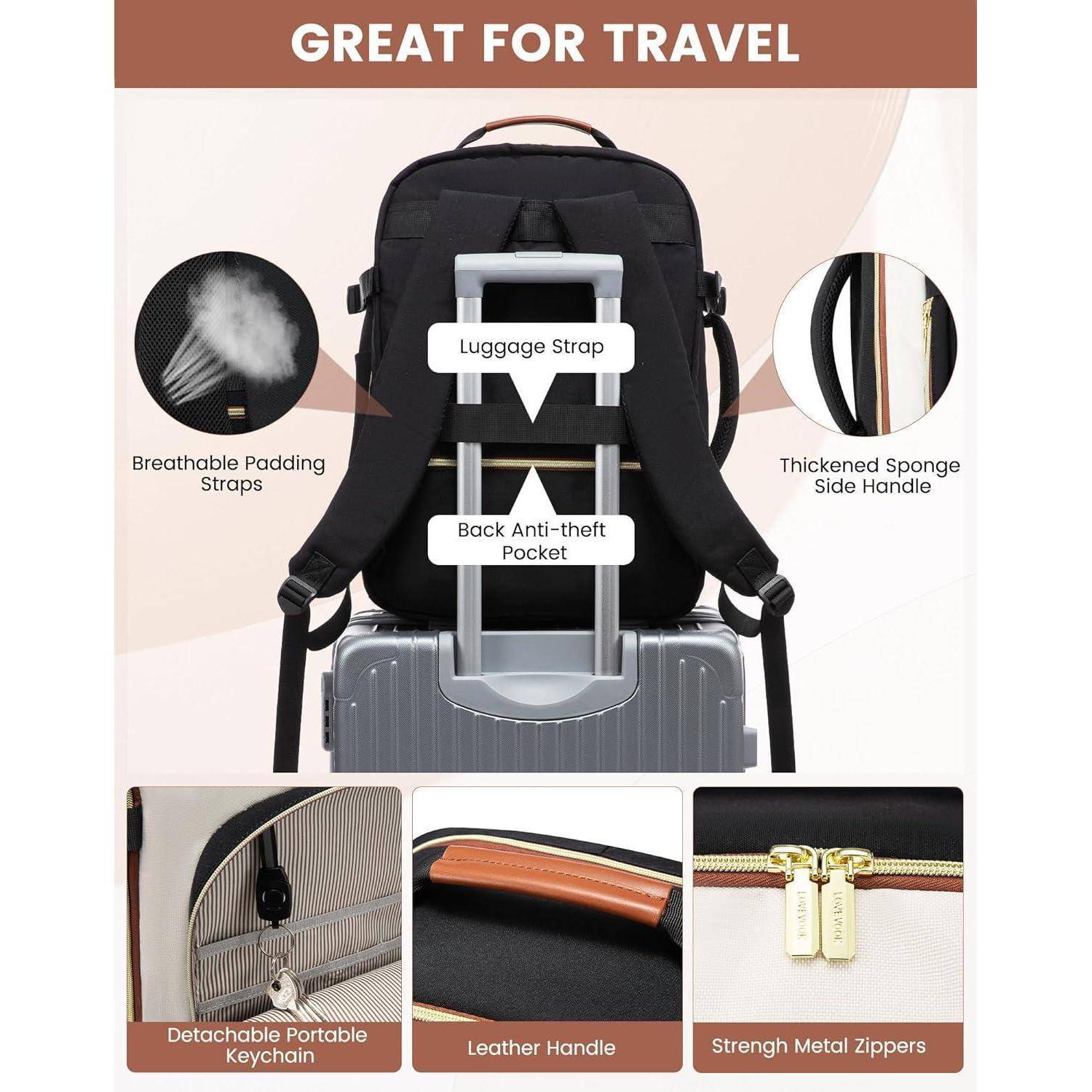 Ein schwarzer Reise-Rucksack auf einem Koffer mit Gepäckgurt, rückseitiger Anti-Diebstahl-Tasche, atmungsaktiver Polsterung und dickem Schwamm-Seitengriff.