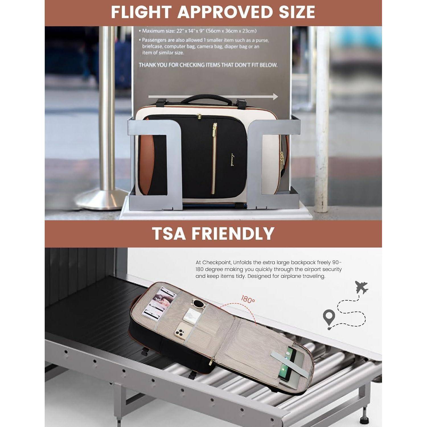 Fluggepäck Genehmigte Größe' Bild, das ein Gepäckstück im Größenprüfstand zeigt, und 'TSA-konform' Bild, das einen geöffneten Koffer auf einem Flughafensicherheitsband darstellt.