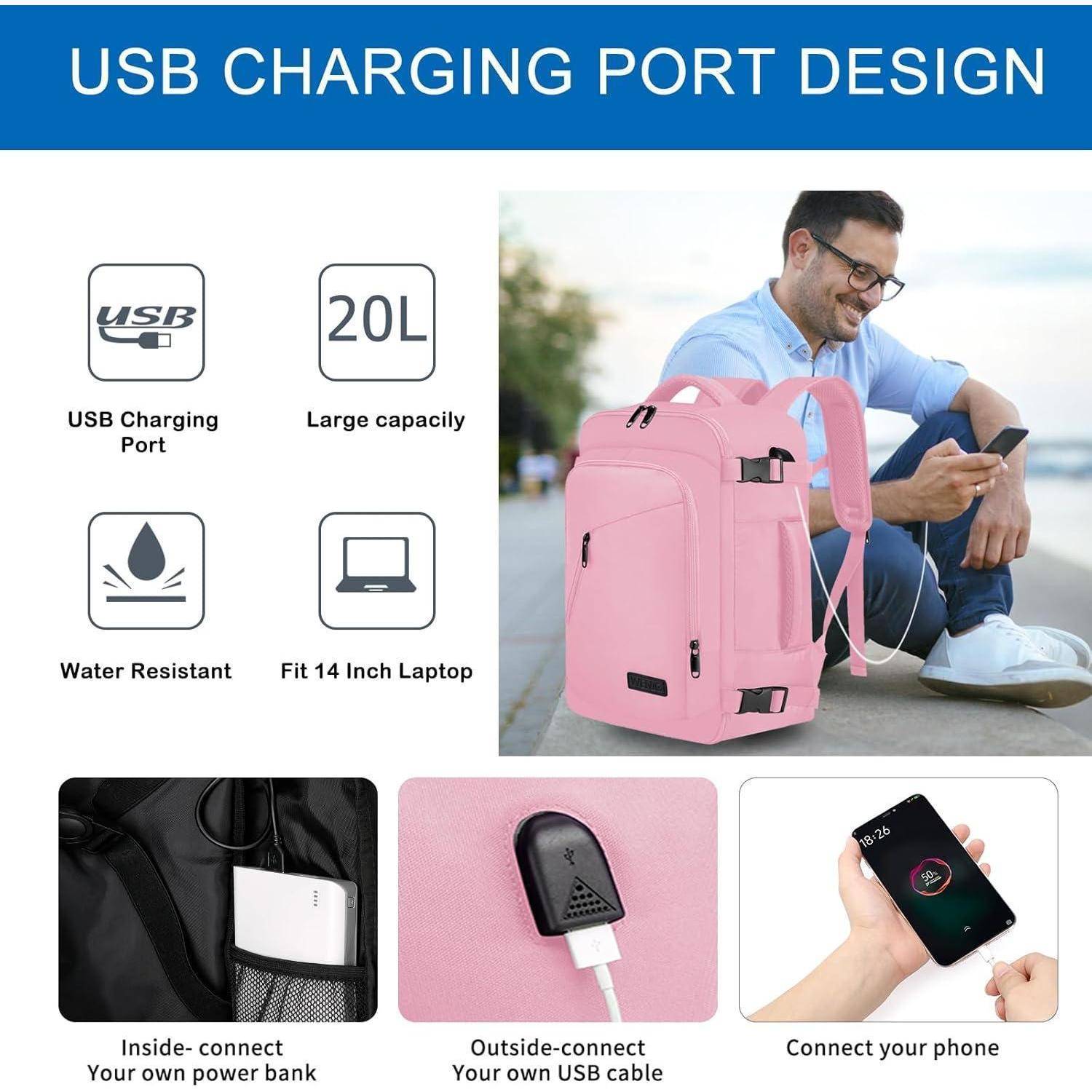 Rucksack Handgepäck 40x20x25 Ryanair Damen USB Rosa 40 x 20 x 25cm-20L