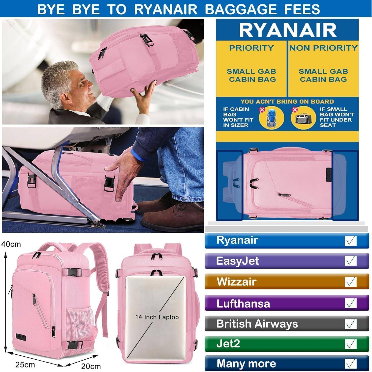 Rucksack Handgepäck 40x20x25 Ryanair Damen USB Rosa 40 x 20 x 25cm-20L