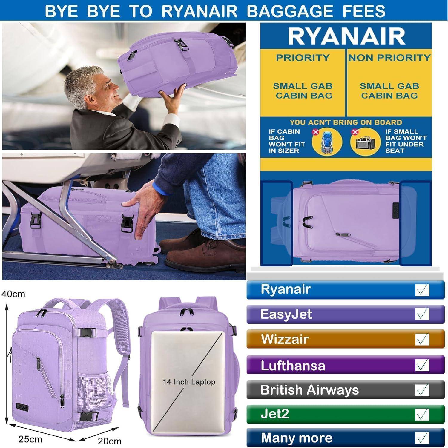 Handgepäck Rucksack 40x20x25 Damen Helleslila 40 x 20 x 25cm-20L