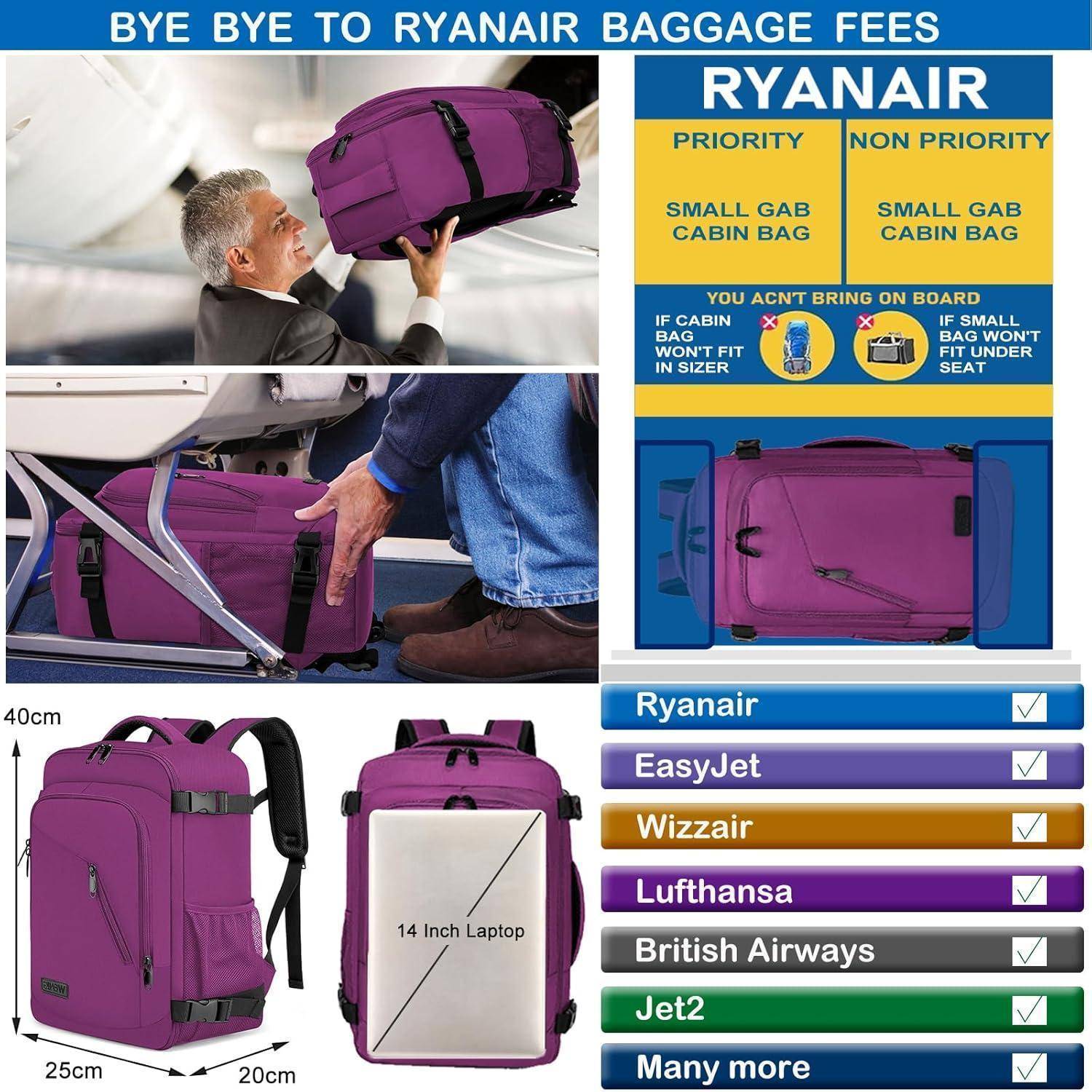 Rucksack Handgepäck 40x20x25 20L Laptop 14Zoll Lila 40 x 20 x 25cm-20L