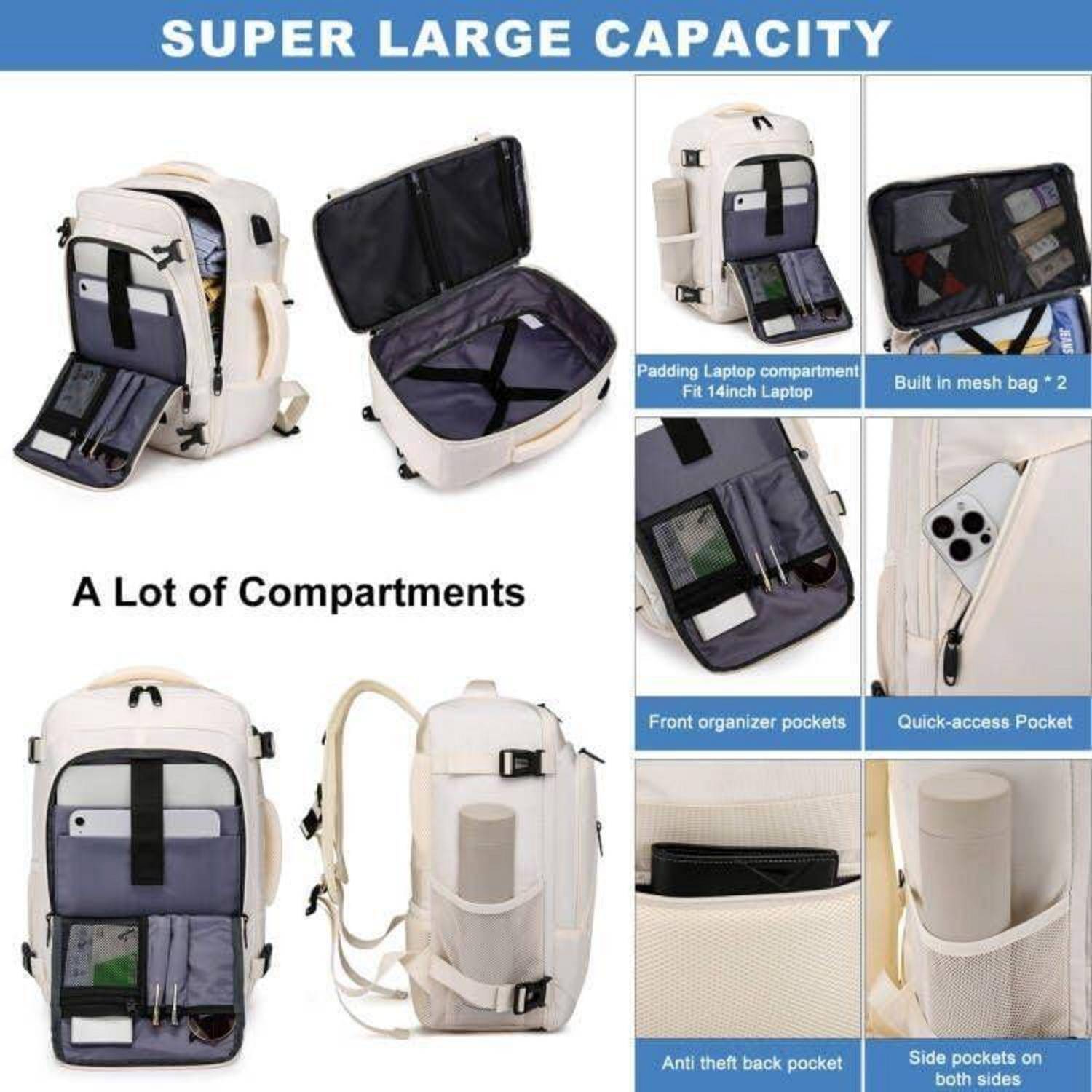 Rucksack mit 'Super großer Kapazität' mit mehreren Fächern, geeignet für Laptops bis 14 Zoll, inklusive Seitentaschen, Diebstahlsicherer Tasche und schnell zugänglicher Zusatztasche.