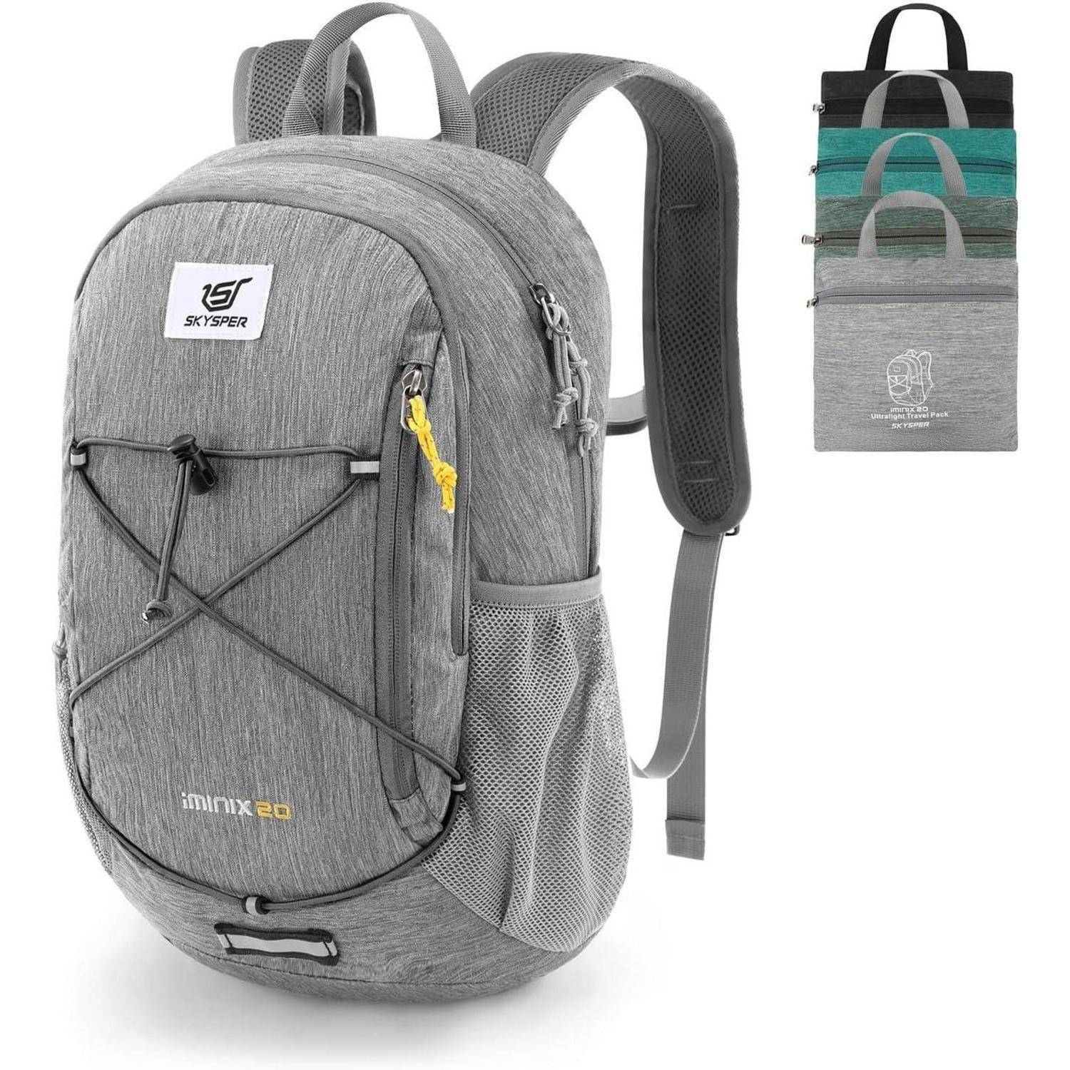 Grauer Rucksack mit Reißverschlusstasche an der Vorderseite, Netzseitentaschen und Kordeldetail. Enthält das Logo 'SKYSPER' und den Text 'mimiX 20'. Quartett kleinerer, zusammengepackter Rucksackbilder oberhalb.