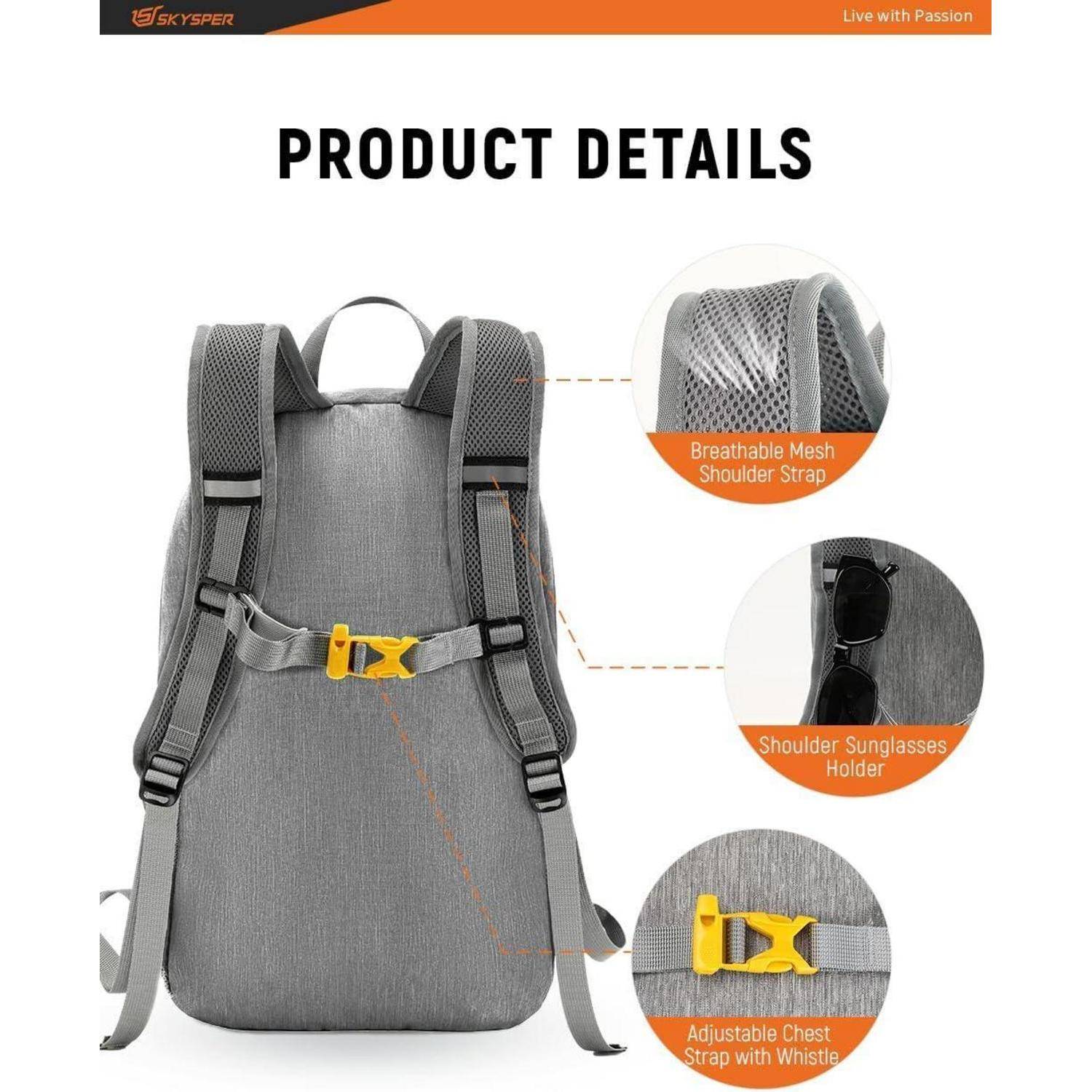 Produktdetails': Ein grauer Rucksack mit atmungsaktivem Netzschulterriemen, Sonnenbrillenetui an der Schulter und verstellbarem Brustgurt mit Pfeife.