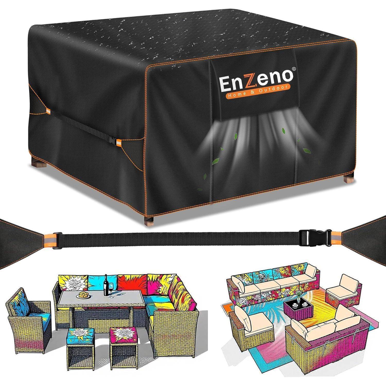 Outdoor-Möbel, die mit der EnZeno-Abdeckung geschützt sind, die wasserdicht und UV-beständig ist. Darunter zwei Varianten von Sektionalmöbel-Arrangements, die verschiedene Aufstellungsmöglichkeiten veranschaulichen.