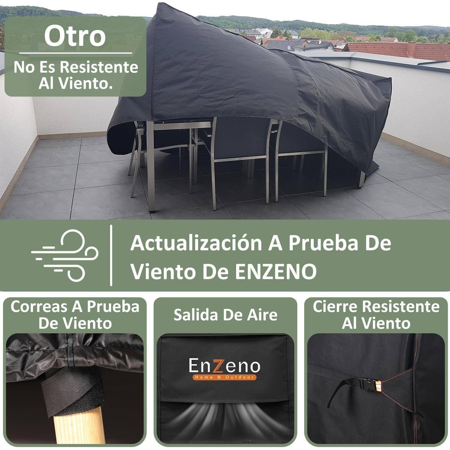 Set von Terrassenmöbeln mit Schutzhülle auf einer Dachterrasse. Merkmale: windbeständige Riemen, Belüftungsöffnung und robuster Verschluss von EnZeno.