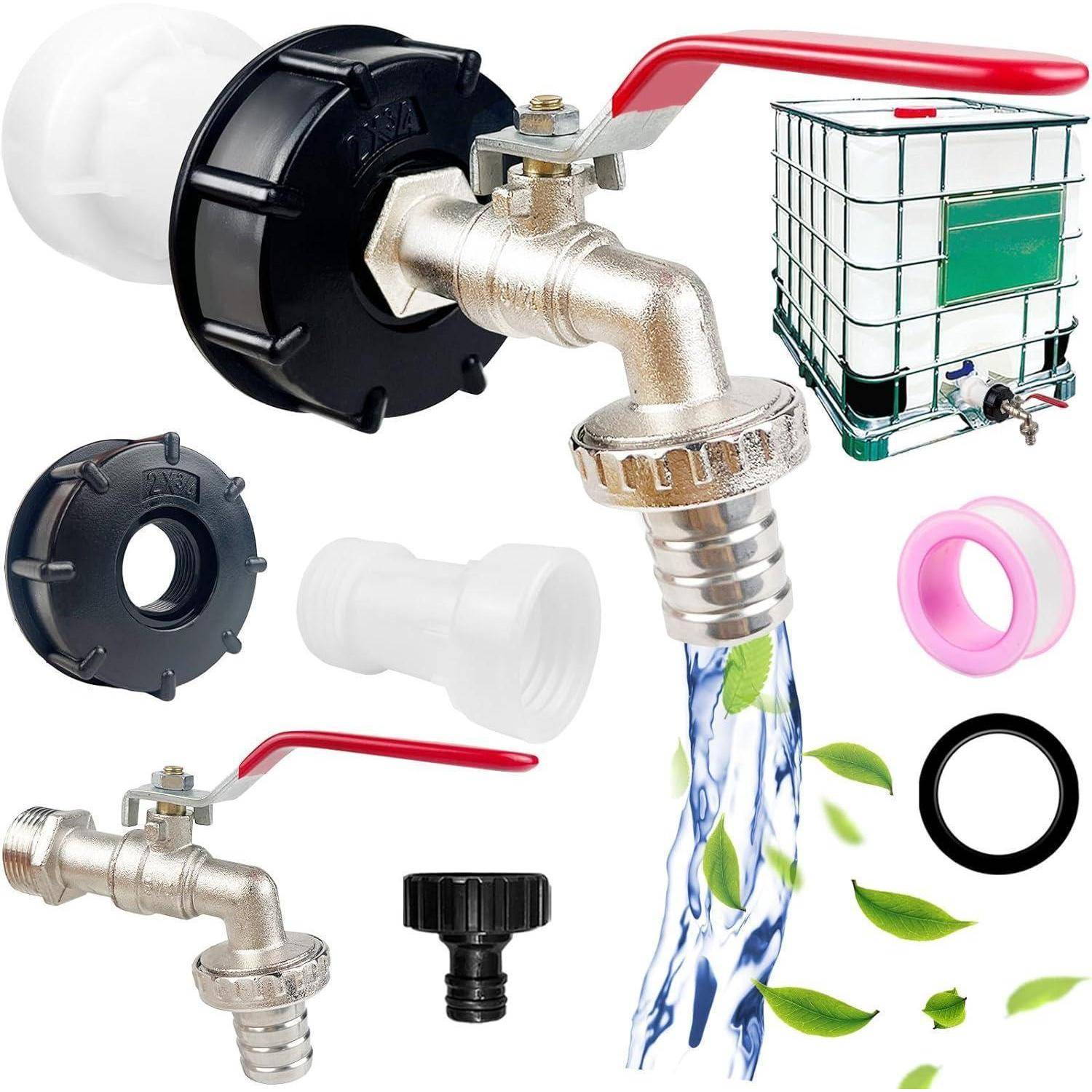 Abbildung, die verschiedene Teile eines Wasserhahnsystems zeigt, einschließlich eines Spiegelhahns, Adapter, Dichtungen und Verbinder, mit fließendem Wasser und Blättern.