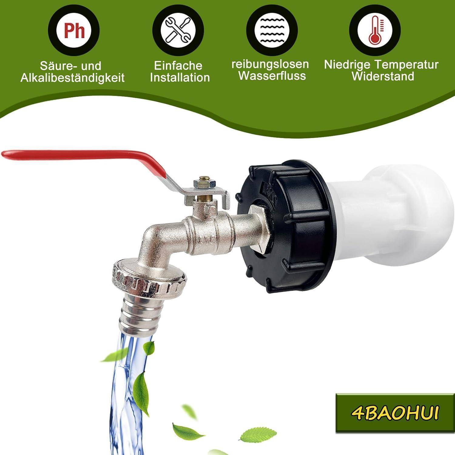 Ein weißer Wasserhahn mit einem roten Hebel, Wasser fließt, und deutscher Text darüber, der Eigenschaften wie Säurebeständigkeit und einfache Installation hervorhebt.