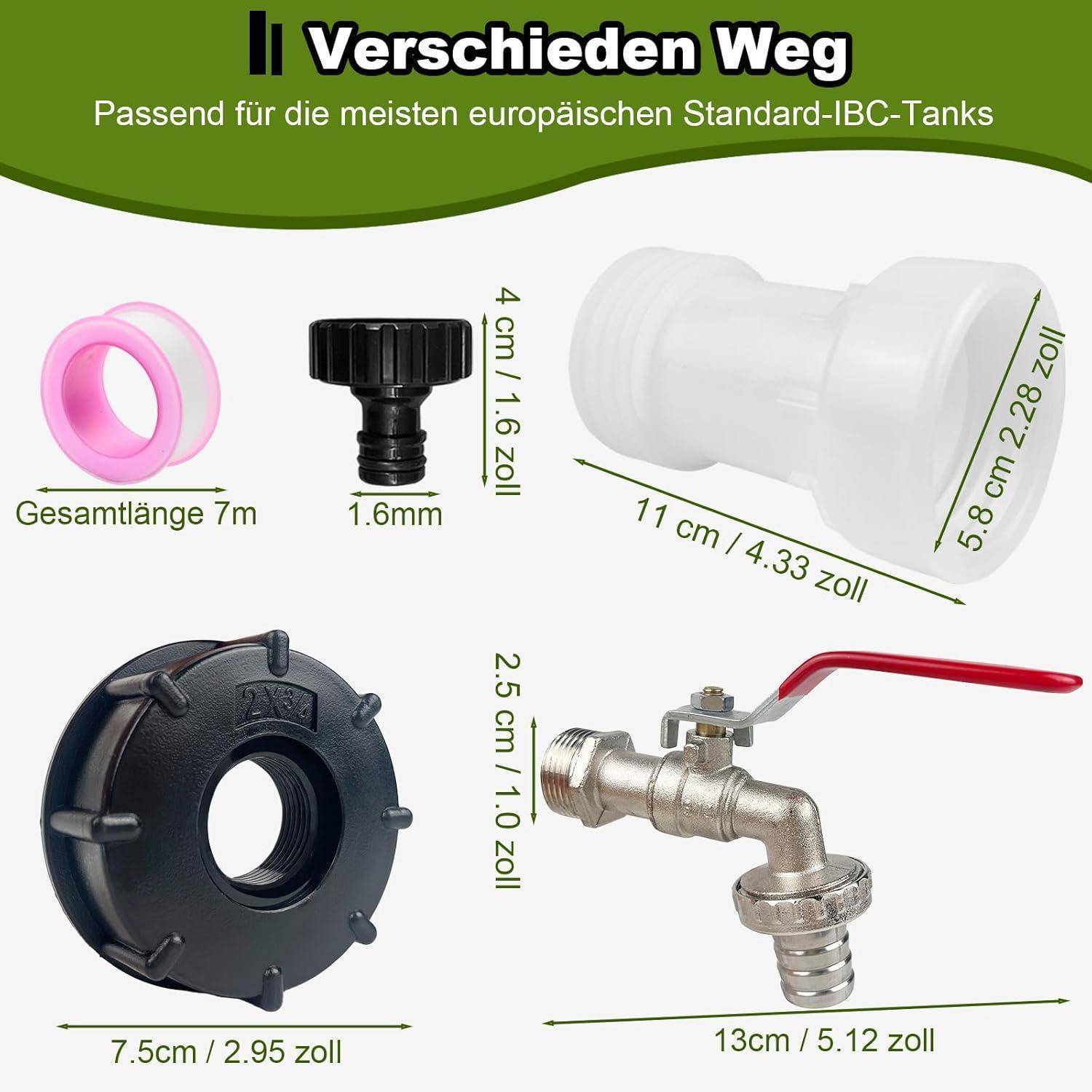 Tank-Adapter-Komponenten: 7m Schlauch, 1,6cm Kappe, 11cm Verbinder, 2,5cm Deckel, 13cm Zapfhahn; passt zu den meisten europäischen Standard-IBC-Tanks.
