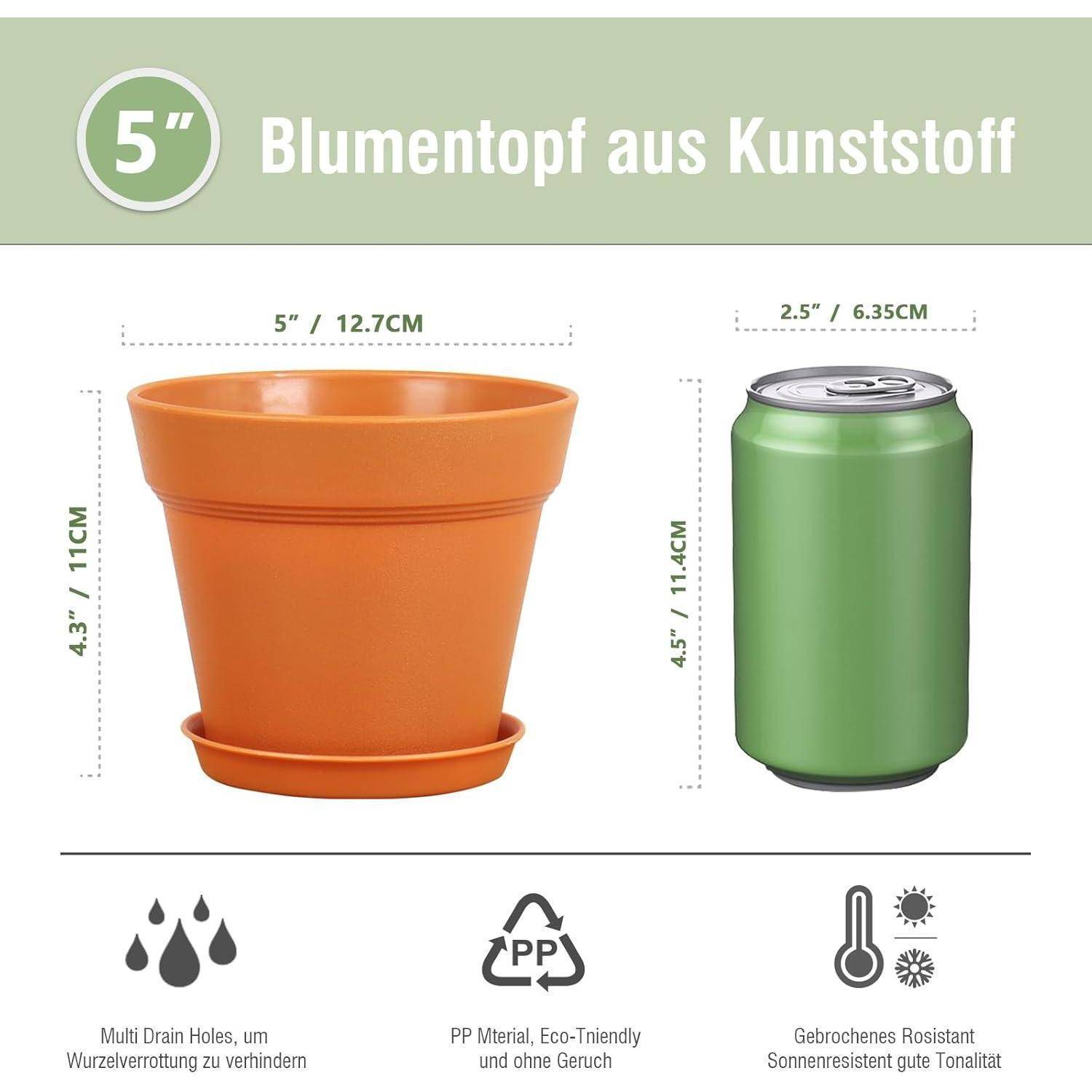 Blumentopf aus Kunststoff, 12,7 cm hoch, 11,4 cm Durchmesser an der Basis, 6,4 cm kleiner als eine Getränkedose. Beschreibt Material und umweltfreundliche Eigenschaften.