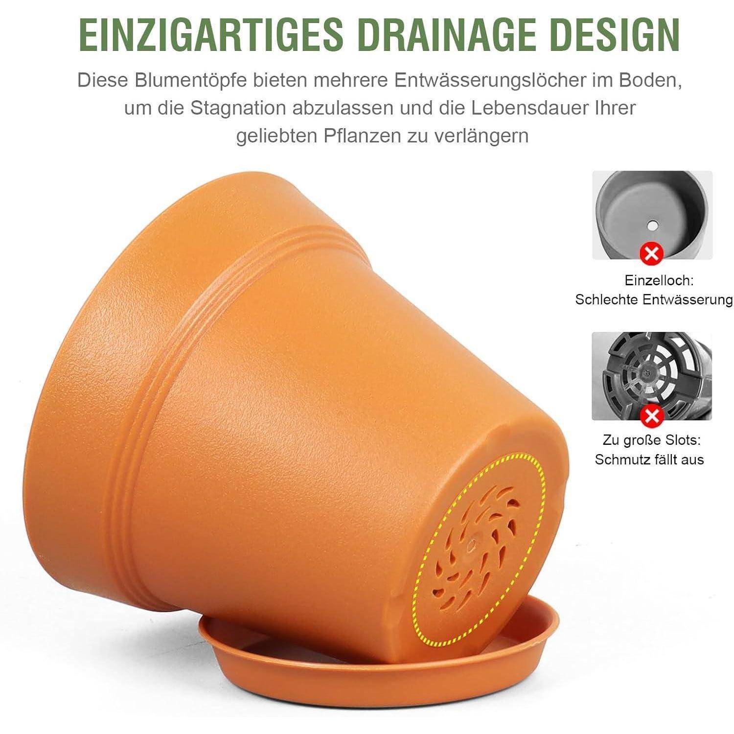 Ein Blumentopf mit einem einzigartigen Entwässerungsdesign ist abgebildet. Er stellt einzelne Löcher mit schlechter Drainage einzelnen großen Schlitzen gegenüber, die Ablagerungen abfallen lassen.