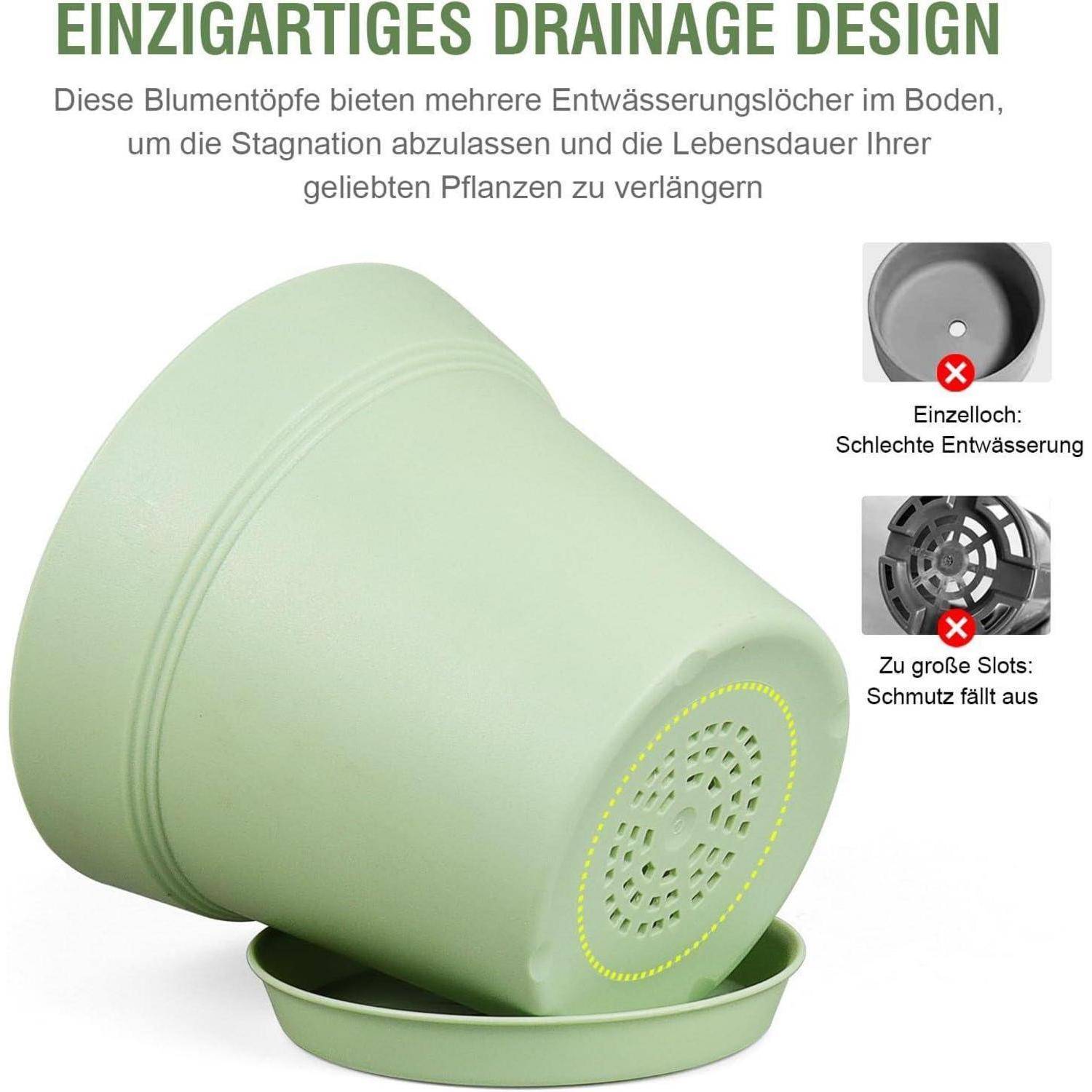 Ein grüner Blumentopf mit Entwässerungsdesign, der Perforationen an der Basis aufweist, um den Wasserfluss zu verbessern und Staunässe zu verhindern.
