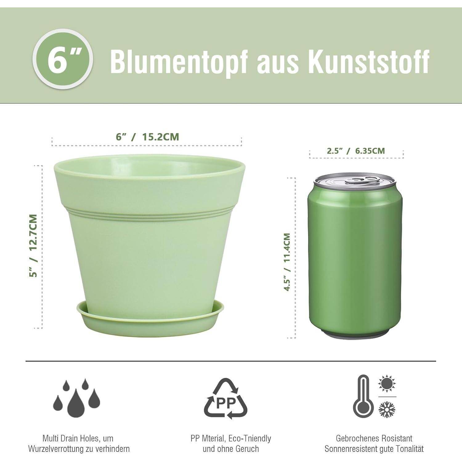 Grüner Kunststumblumentopf mit Untersetzer, 15,2 cm hoch, 15,2 cm Durchmesser im Vergleich zu einer 11,4 cm hohen Dose. Ausgestattet mit Drainagelöchern, umweltfreundliches Material.