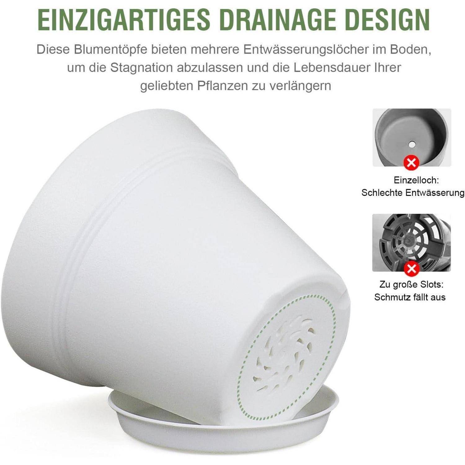 Blumentopf mit einzigartigem Drainagebau und mehreren Ablaufbohrungen, um Staunässe zu verhindern und die Lebensdauer der Pflanze zu verlängern.
