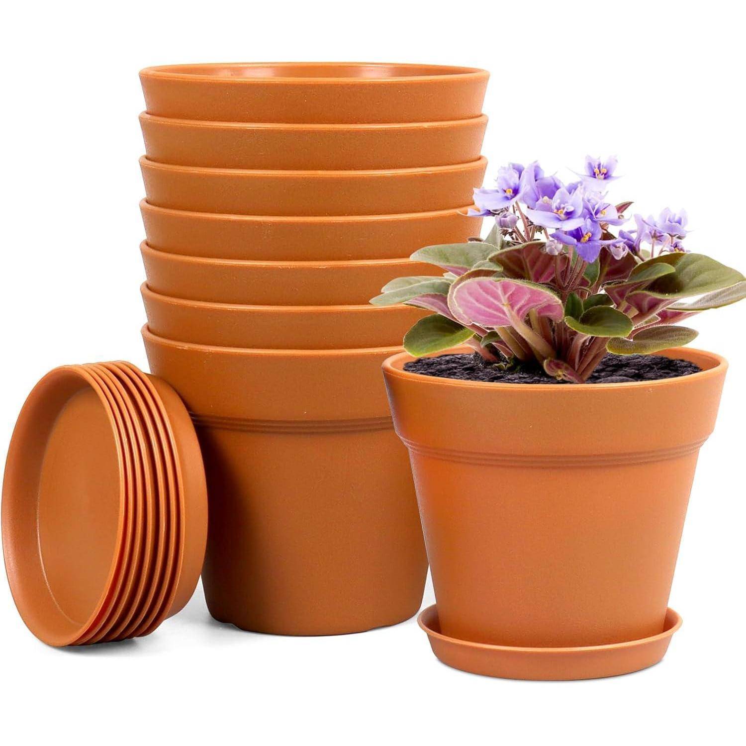 Blumentopf 8er Set Plastik 10cm Untersetzer Hydrokultur Terrakotta 4IN