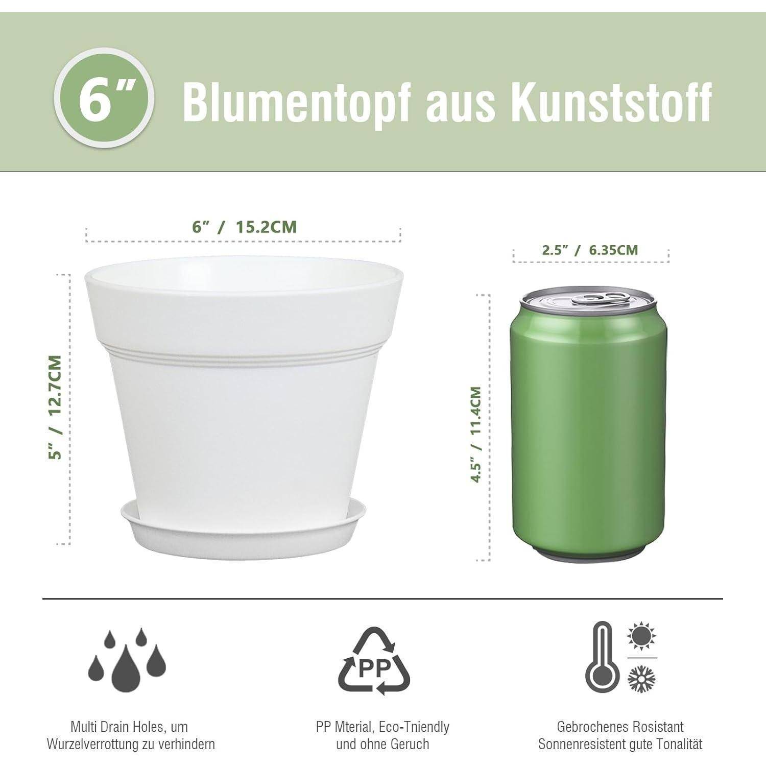 Blumentopf und Getränkedose Vergleichstabelle. Topfdimensionen: 15 cm hoch, 12,7 cm breit. Dosendimensionen: 11,6 cm hoch, 6,35 cm breit. Materialicons unten.