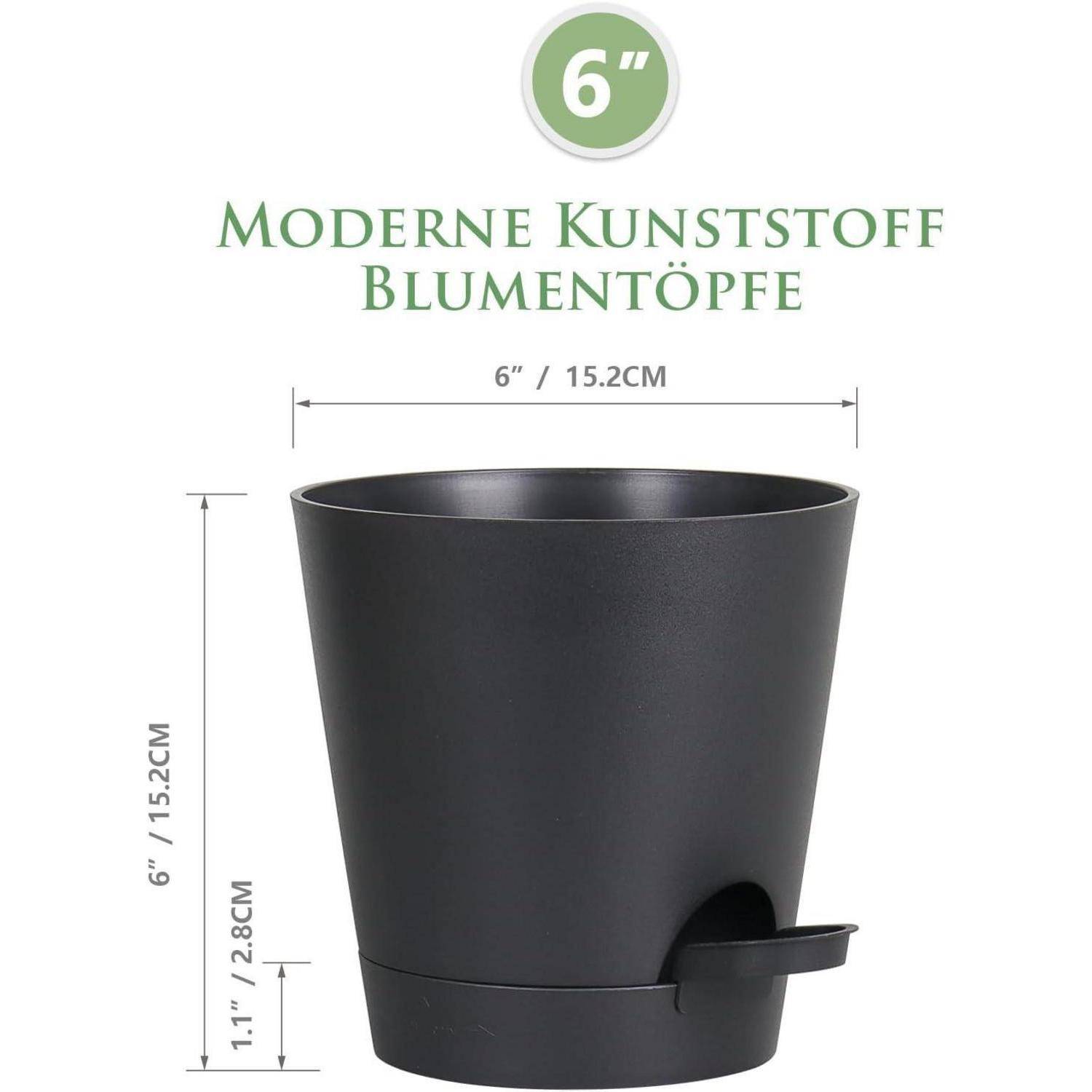 Schwarzer Kunststoff-Blumentopf mit Untersetzer, mit dem Etikett 'Moderne Kunststoff Blumentöpfe', misst 6 Zoll (15,2 cm) in Höhe und Durchmesser.