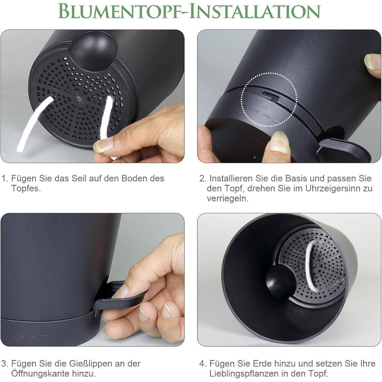Anleitung zur Topfmontage: 1. Seil auf Basis legen. 2. Basis anbringen und im Uhrzeigersinn drehen. 3. Ausgüsse in die Öffnung einsetzen. 4. Erde und Pflanzen hinzufügen.