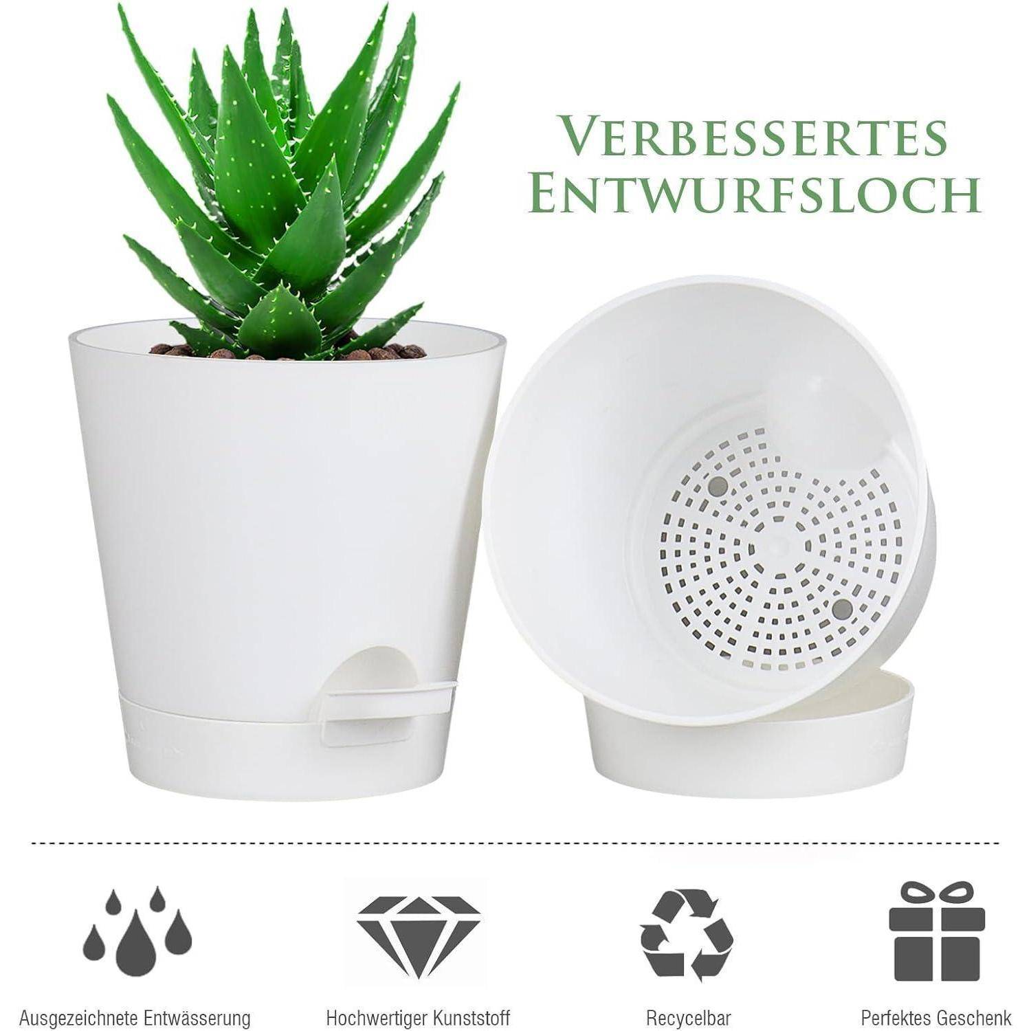 Ein weißer Topf mit einer Aloe-Pflanze und einer Einlage, die Ablauflöcher zeigt, mit der Beschriftung 'Verbessertes Entwurfsloch'. Icons zeigen Funktionen darunter.
