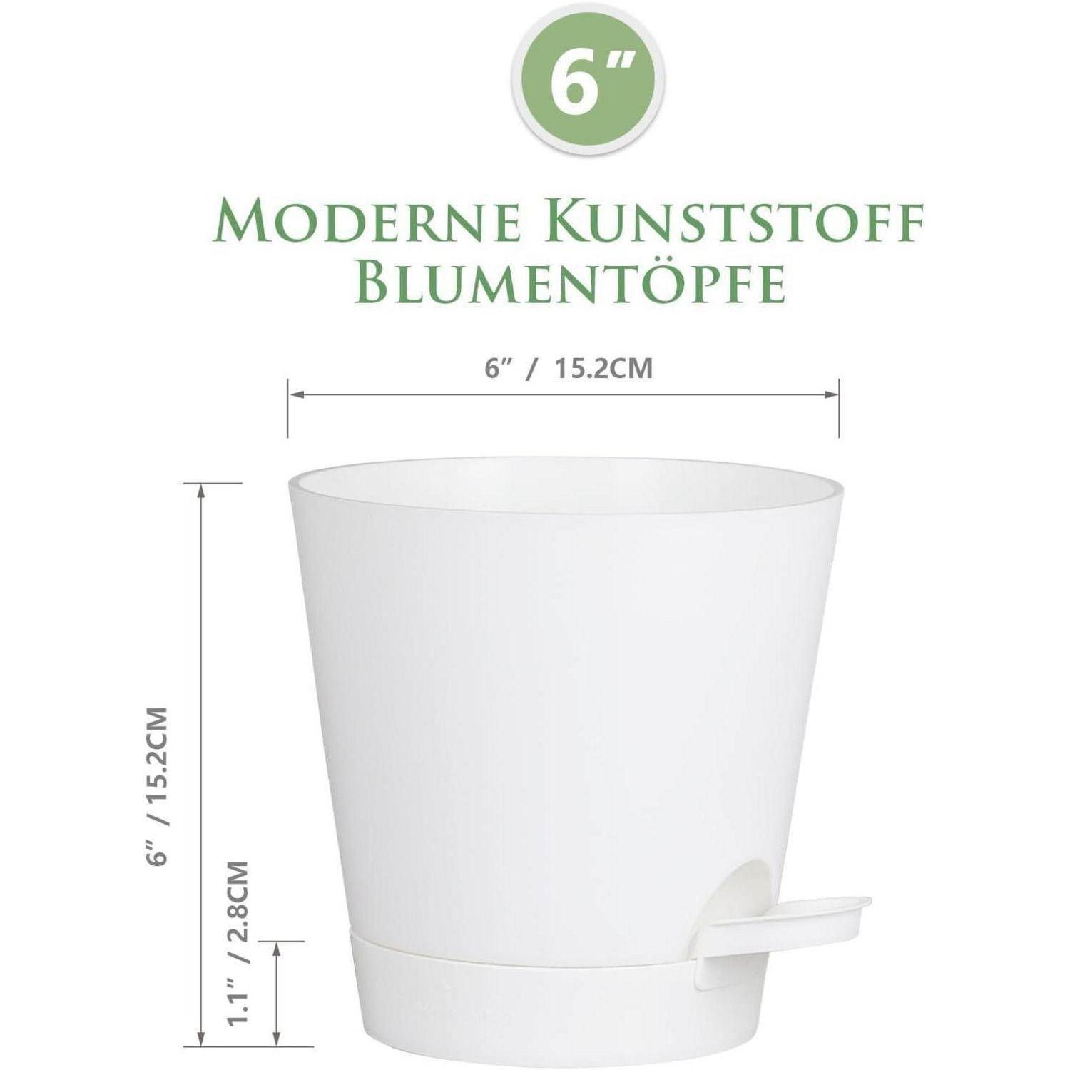 Weißer runder Kunststoff-Blumentopf mit Untersetzer, beschriftet mit '6