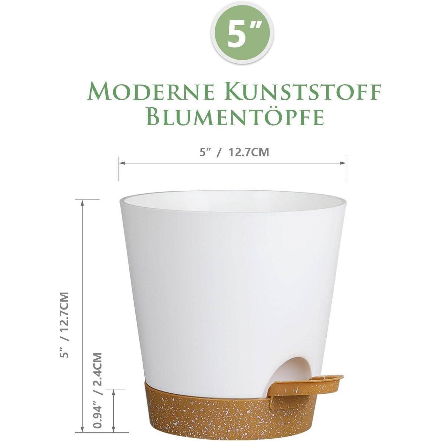 Weißer Blumentopf mit brauner Basis, beschriftet mit '5