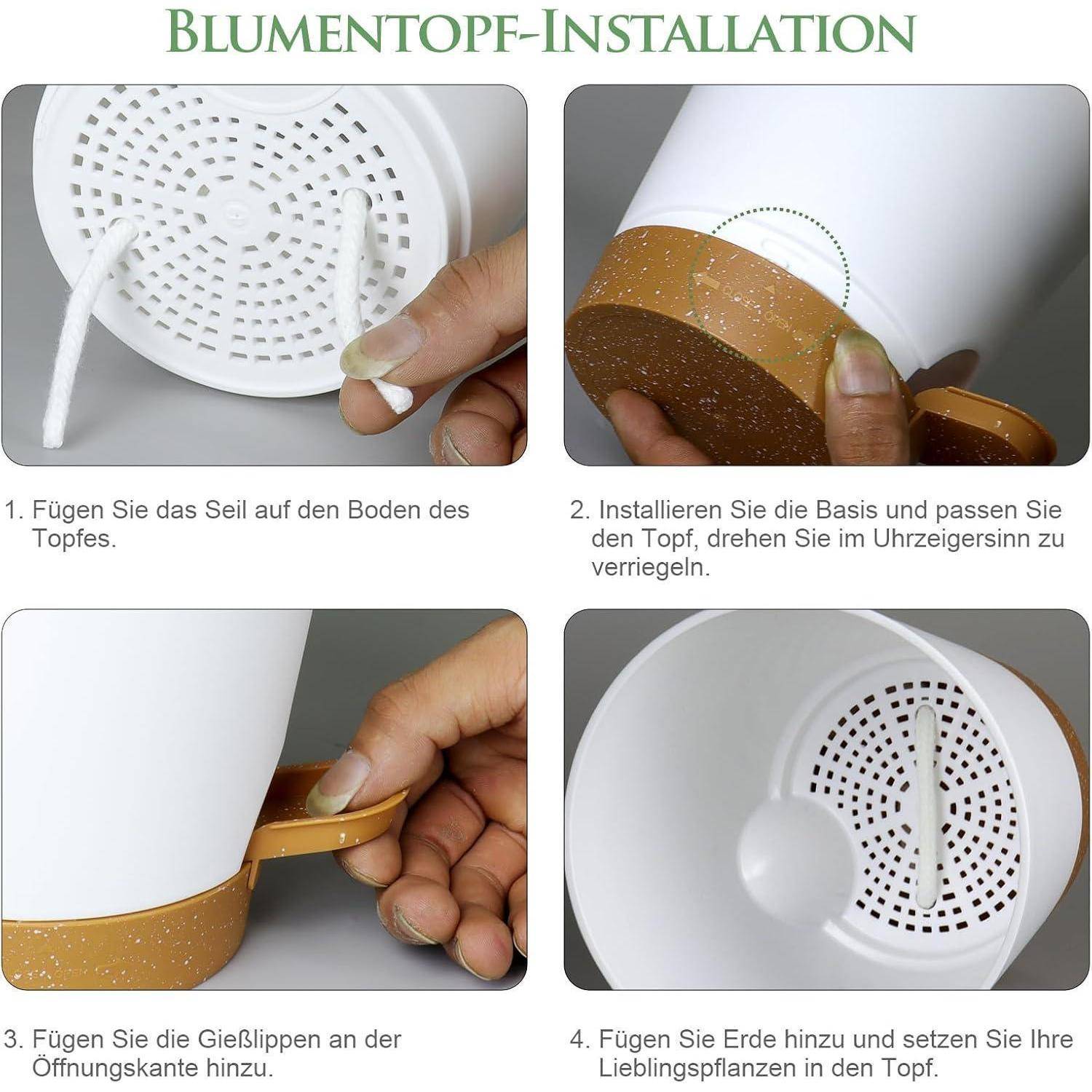 Blumentopf-Installation': Vierschrittiger Leitfaden mit Bildern zeigt, wie man einen Blumentopf mit Hilfe eines Seils, Bodenausrichtung sowie dem Einsetzen von Erde und Pflanzen installiert.