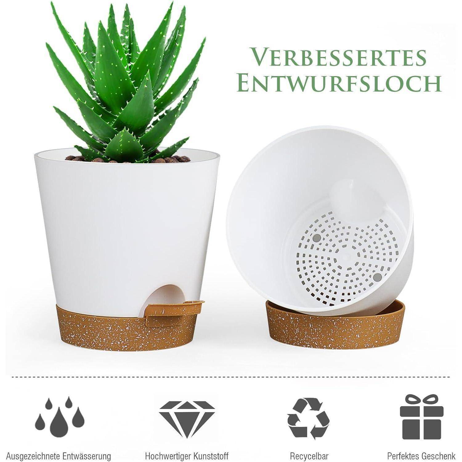 Ein weißer Blumentopf mit einem Drainageloch und einer herausnehmbaren Bodenschicht. Deutscher Text lautet 'Verbessertes Entwurfsloch', was 'Verbessertes Drainageloch' bedeutet. Eine Sukkulente ist im Topf zu sehen.