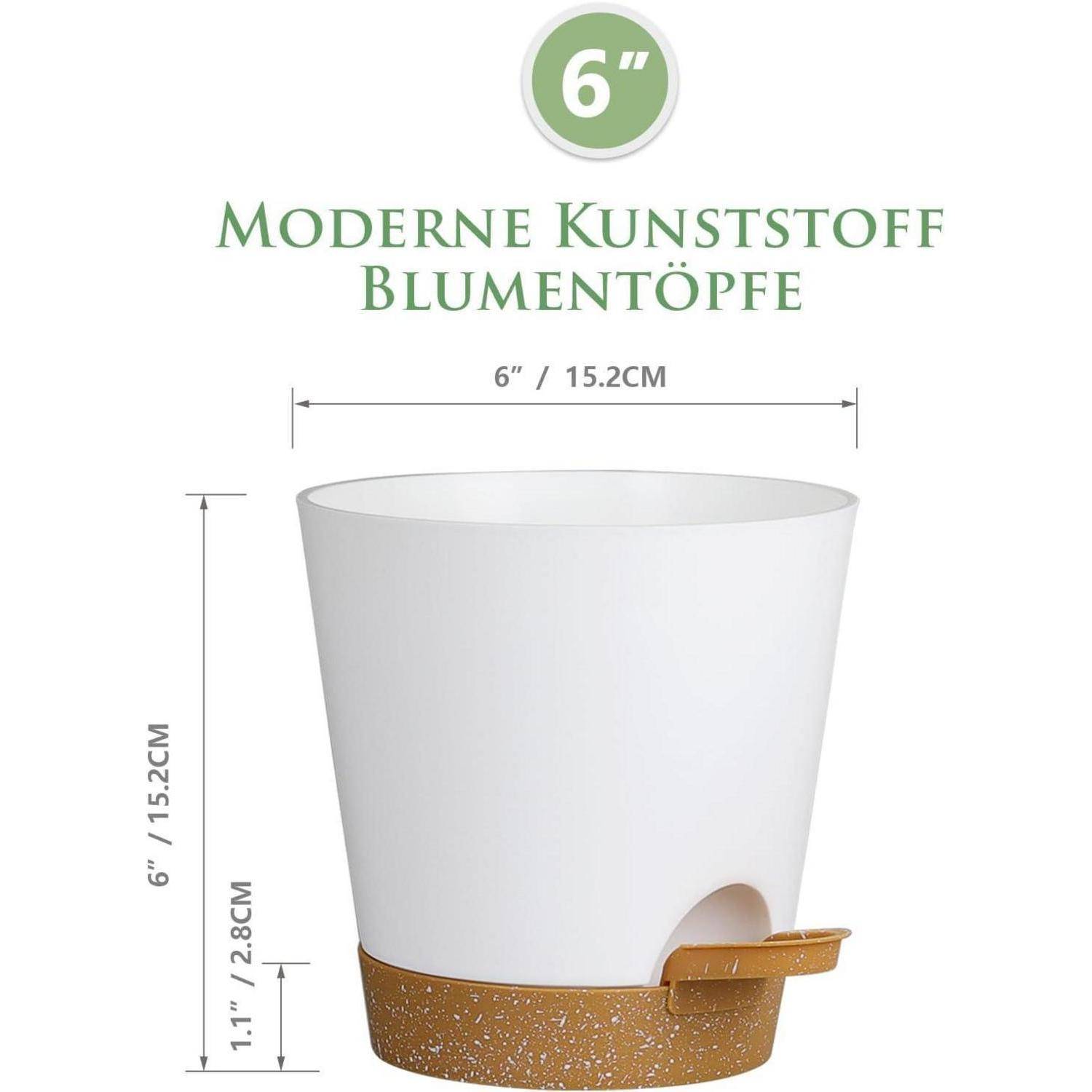 Weißer Kunststumblumentopf, 6 Zoll hoch und breit, mit gesprenkelter brauner Basis. Gekennzeichnet mit 'Moderne Kunststoff Blumentöpfe'.