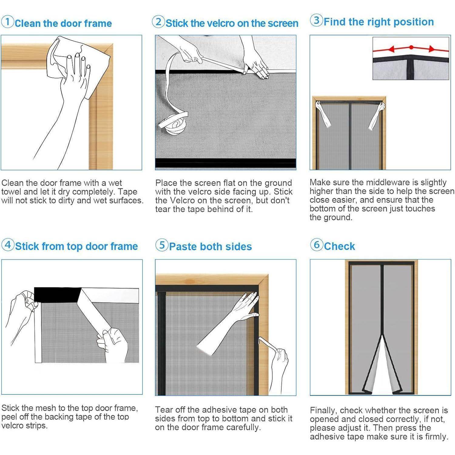 Installationsanleitung für einen Bildschirm: 1) Türrahmen mit einem feuchten Handtuch reinigen. 2) Klettband am Bildschirm befestigen. 3) Position ausrichten. 4) Oberes Klettband anbringen. 5) Seiten befestigen. 6) Haftung überprüfen.