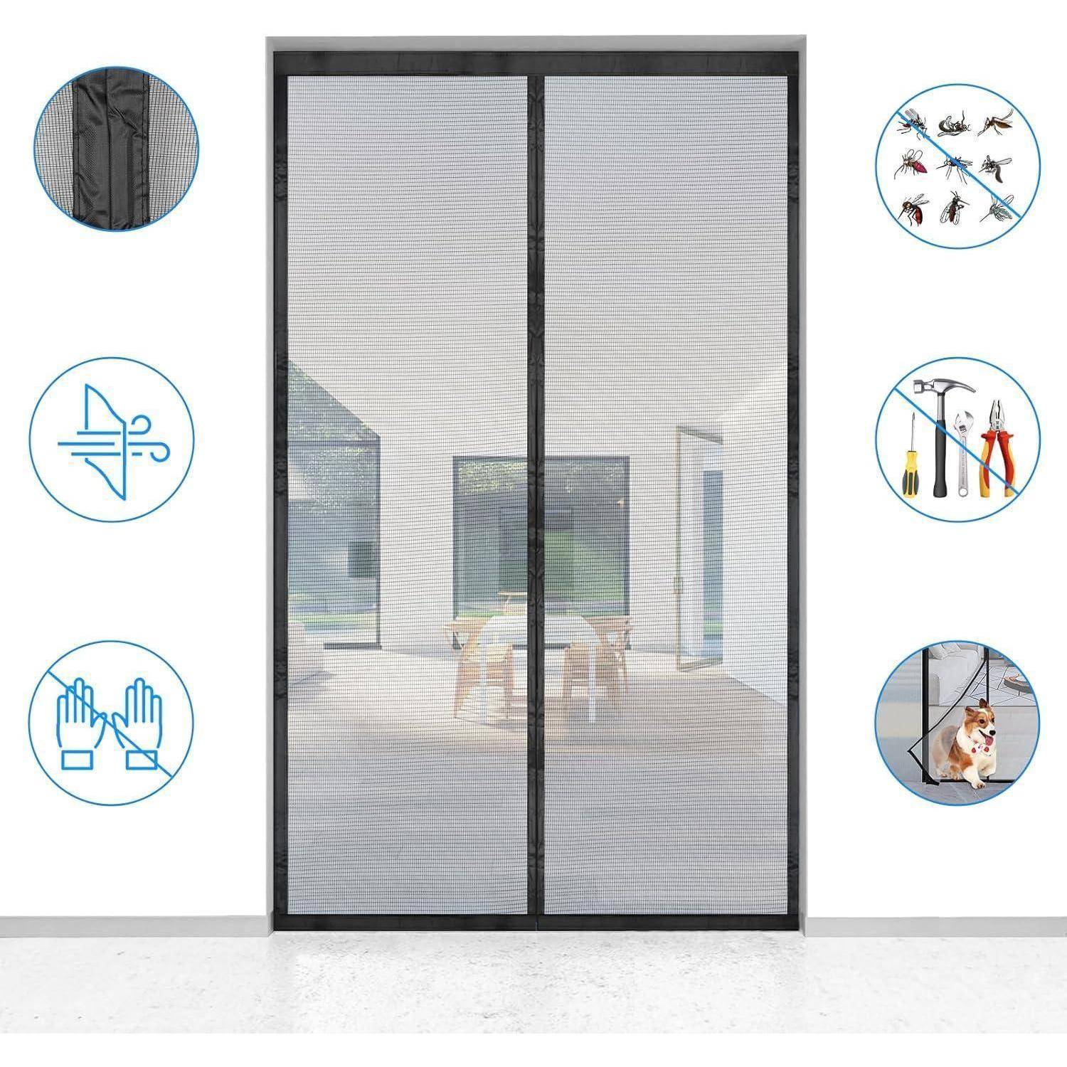 Eine Terrassentür mit magnetischem Maschendrahtsichtschutz, umgeben von Symbolen, die Luftzirkulation, Handschutz, Installationswerkzeuge, Schädlingsabwehr und Haustierdurchgang anzeigen.