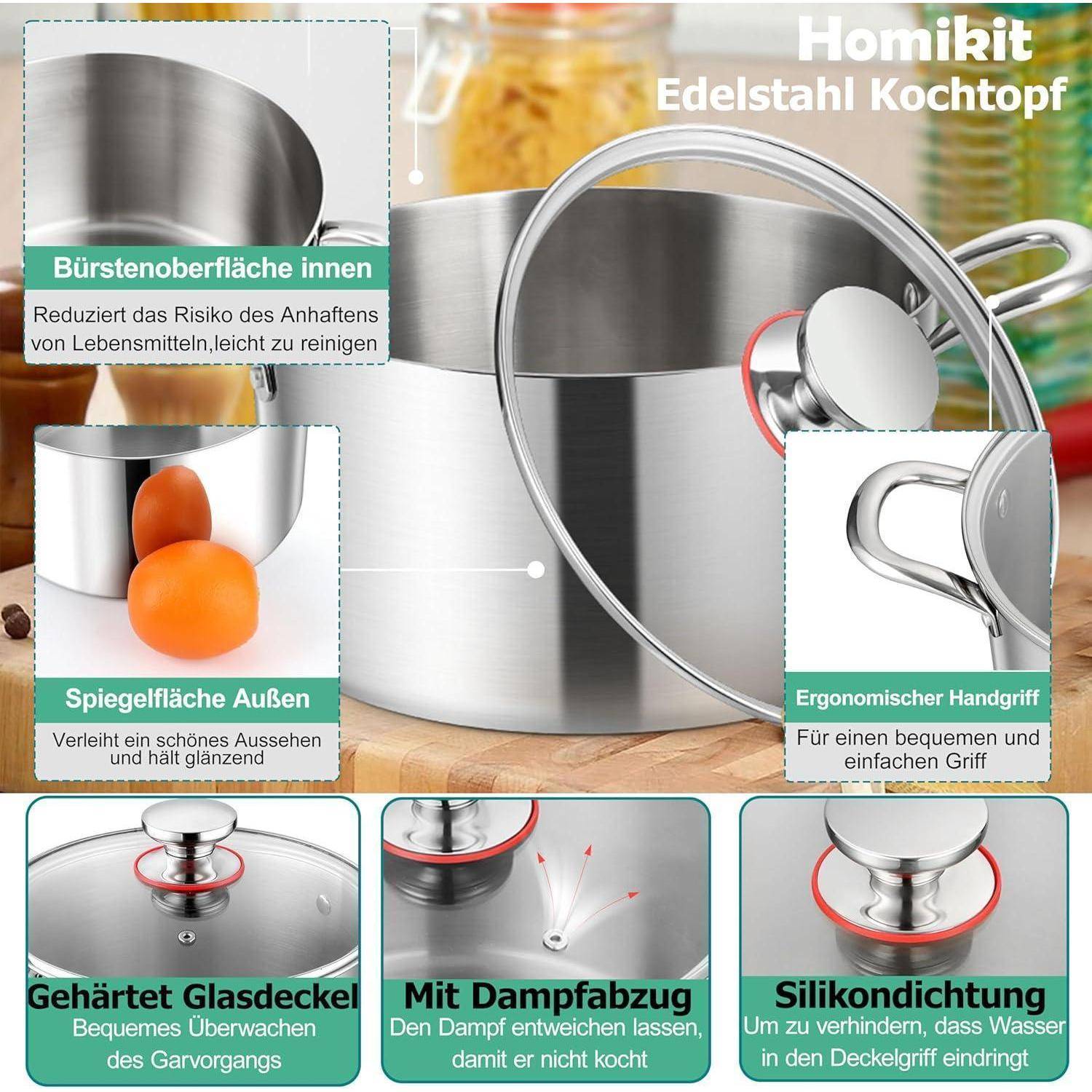 Edelstahlkochtopf mit ergonomischem Griff, Dampfablassöffnung, Silikonversiegelung und Glasdeckel. Die Innenseite verhindert Anhaften; die Außenseite ist glänzend.