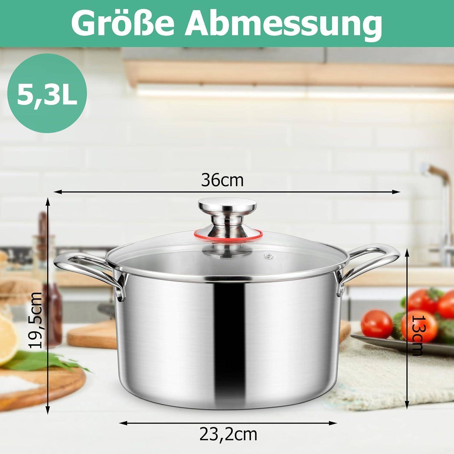 Ein Topf aus Edelstahl mit einem Deckel, gekennzeichnet mit '5,3 L', Abmessungen 23,2 cm Durchmesser, 19,5 cm Höhe, in einer Küchenumgebung dargestellt.