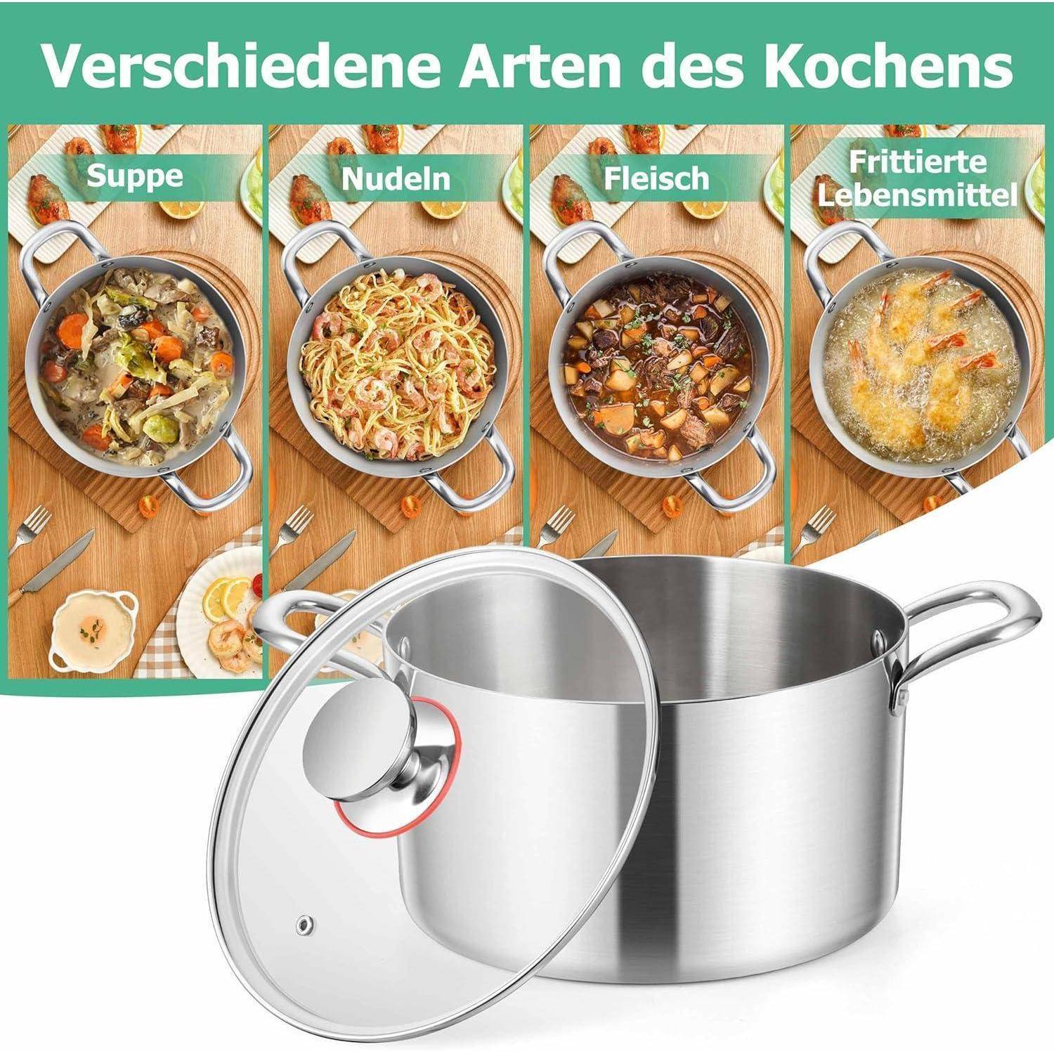 Ein großer Edelstahltopf mit Deckel wird präsentiert. Darüber sind Bilder mit vier Kochmethoden abgebildet: Suppe, Nudeln, Fleisch und Fritierte Speisen.
