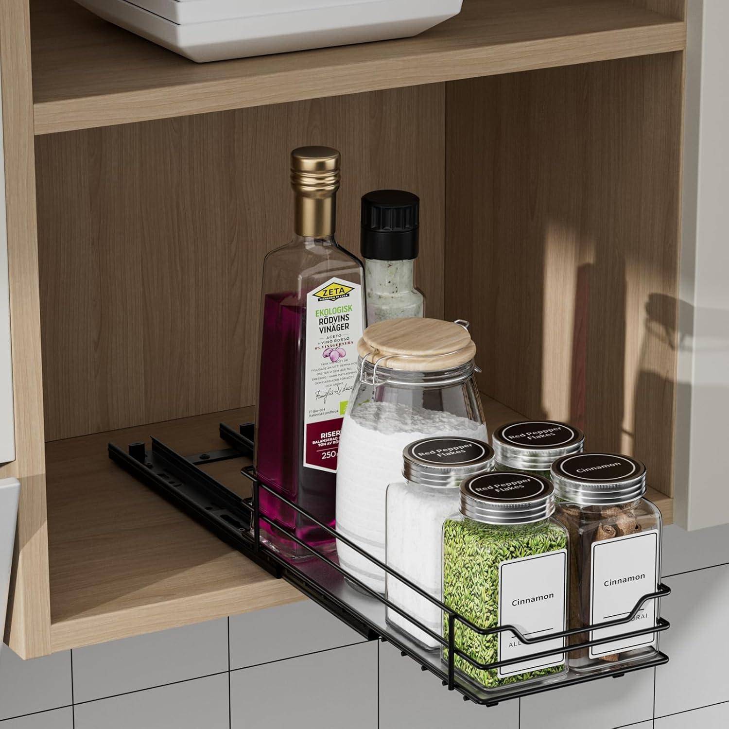 Ausziehbares Gewürzregal Schwarz für Schrank Platzsparend, Organizer