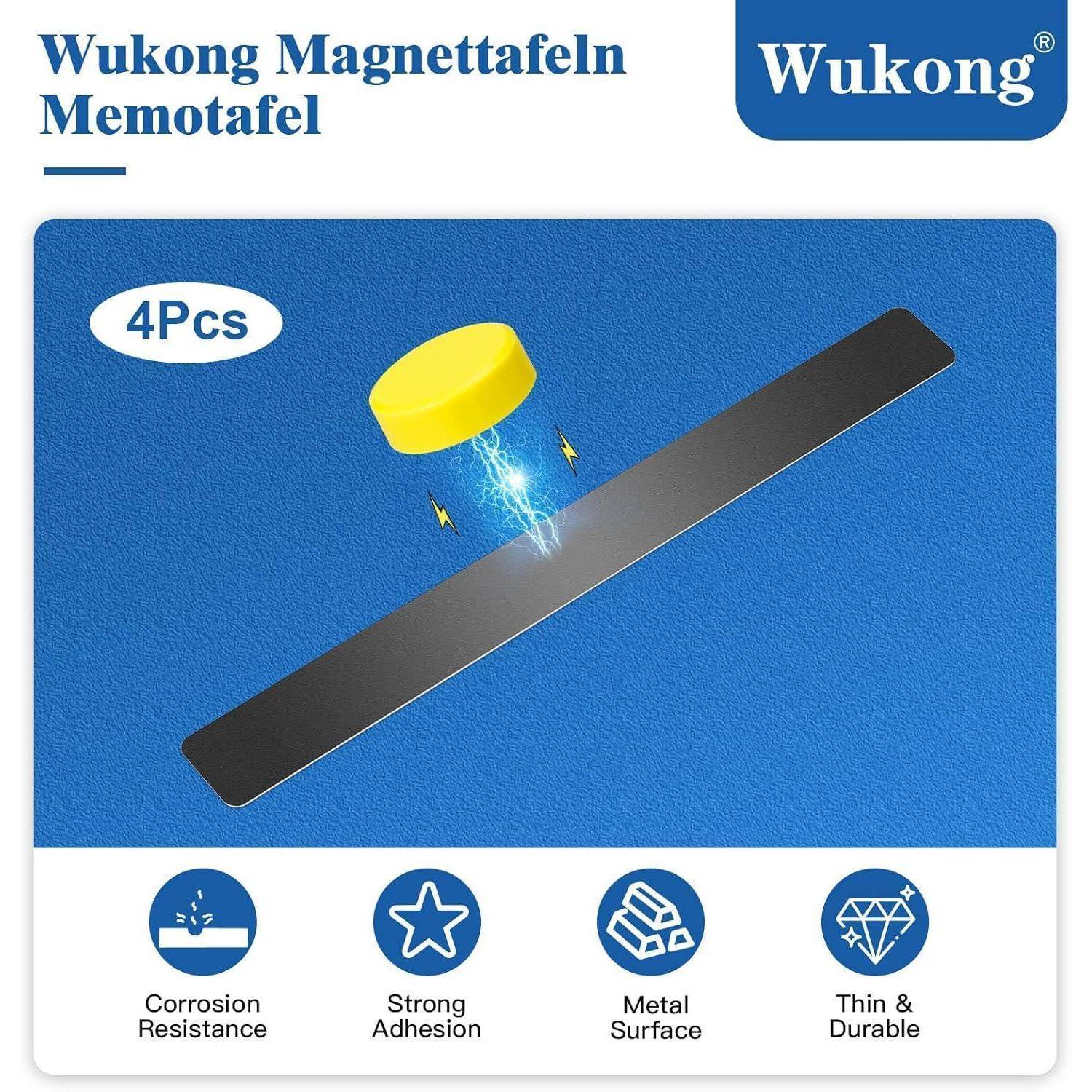 Wukong Magnetboards Magnetische Pinnwand' Produktverpackung zeigt Magnetgrafiken, Blitzsymbole und Icons für 'Korrosionsbeständigkeit, Starke Haftung, Metalloberfläche, Dünn & Langlebig'.
