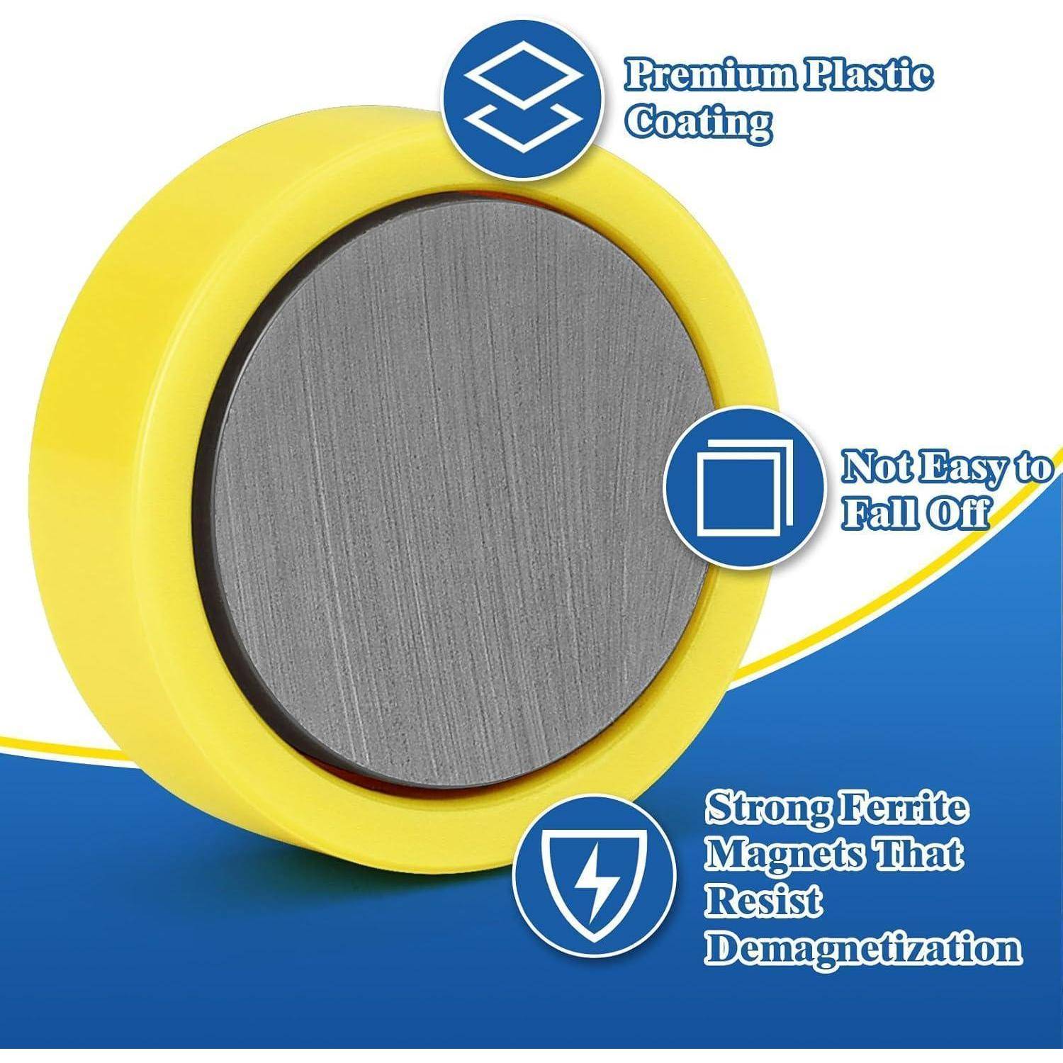 Gelber Magnet mit silbernem Zentrum, beschriftet mit 'Premium-Kunststoffbeschichtung', 'Fällt nicht leicht ab' und 'Starke Ferrit-Magnete'.