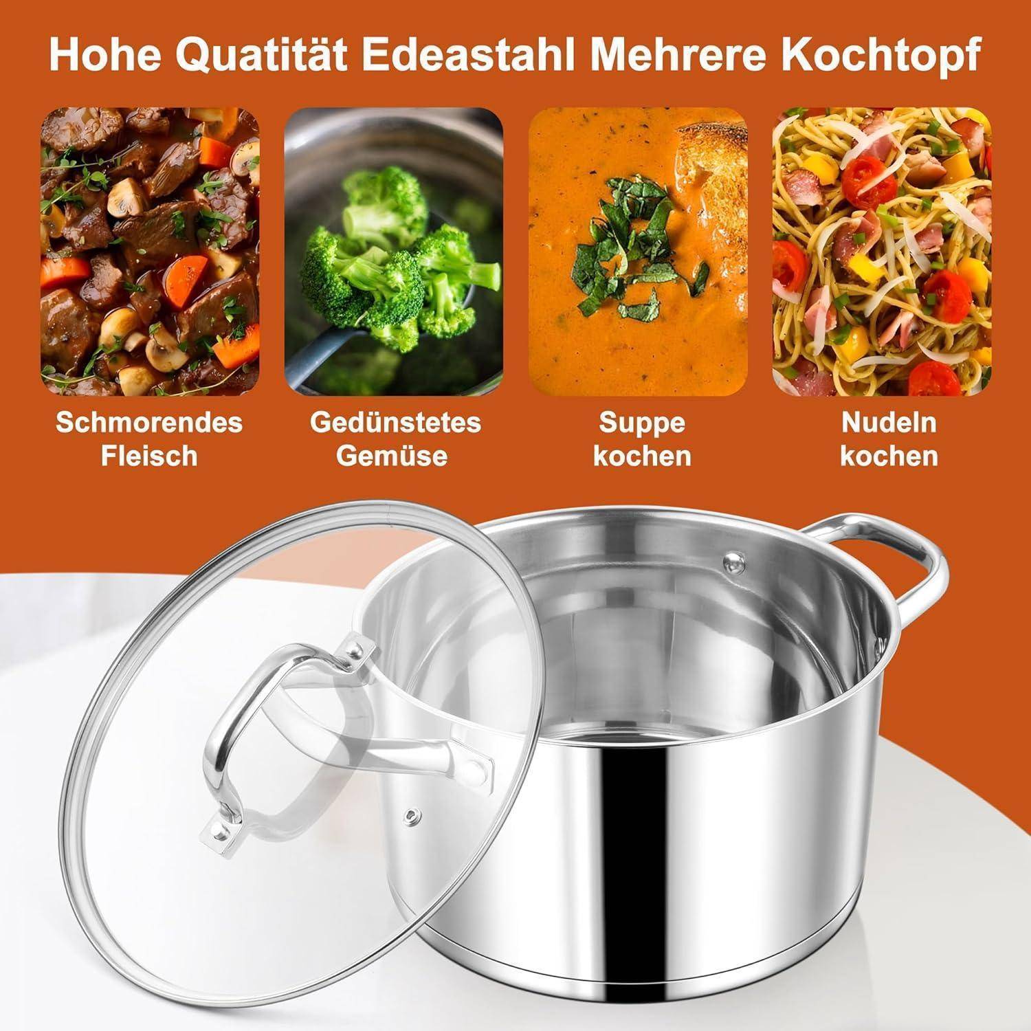 Bild eines Edelstahlkochtopfs mit vier Bildern darüber, die Gerichte zeigen: 'Schmorendes Fleisch', 'Gedünstetes Gemüse', 'Suppe kochen', 'Nudeln kochen'. Deutscher Text besagt 'Hohe Qualität Edelstahl Mehrere Kochtopf'.