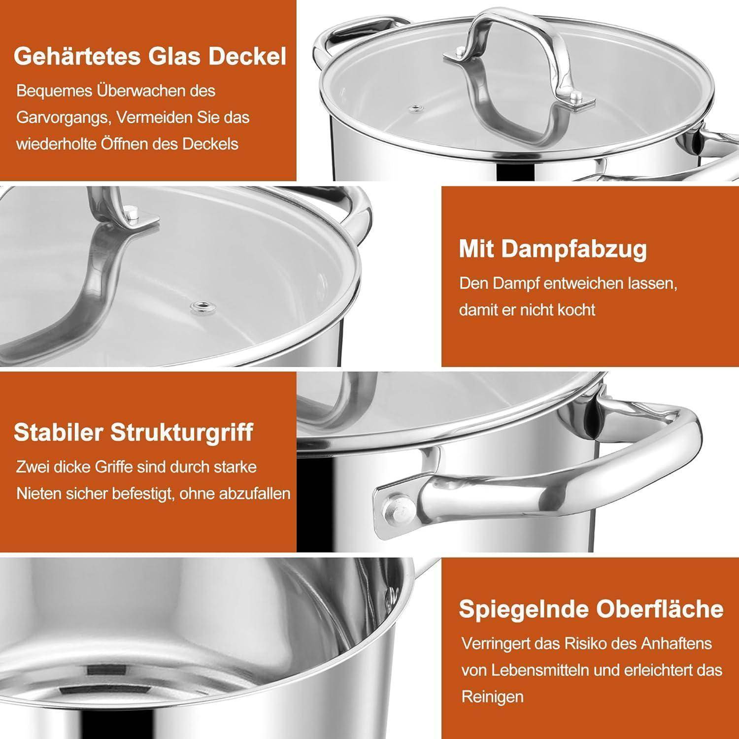 Das Bild zeigt eine Collage von Merkmalen von Edelstahlkochgeschirr. 'Gehärtetes Glas Deckel', 'Mit Dampföffnung', 'Stabiler Strukturgriff', 'Spiegelnde Oberfläche' beschreiben den Deckel, die Dampföffnung, den Griff und die reflektierende Oberfläche.