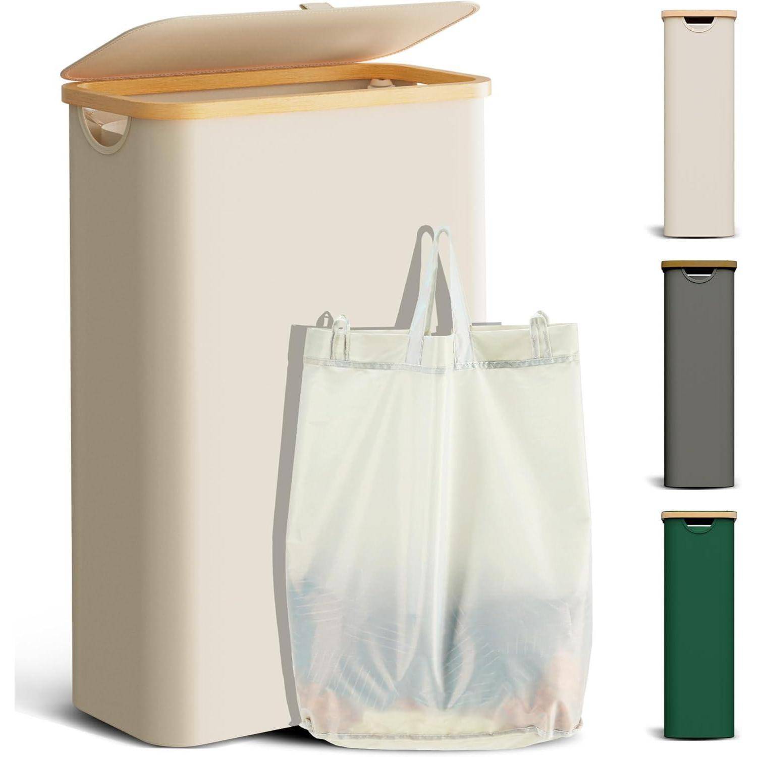 Offener Abfallbehälter in Beige mit orangefarbenem Rand und einem hängenden transparenten Innensack. Drei kleinere Bilder zeigen zusätzliche Farboptionen: Beige, Grün und Schwarz.