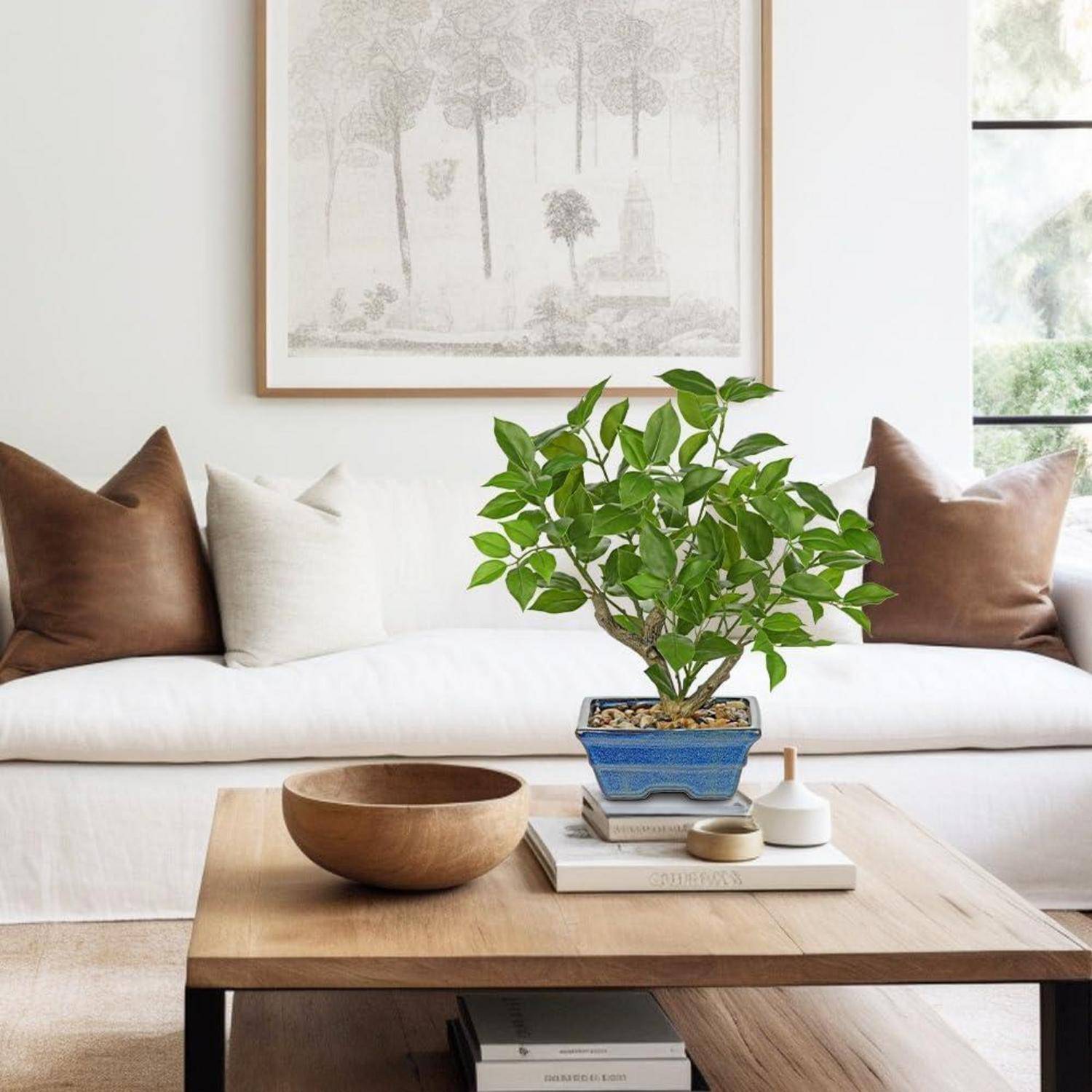 Kunstpflanze Ficus 39cm Topf Fensterbank Wohnzimmer Blau Grün