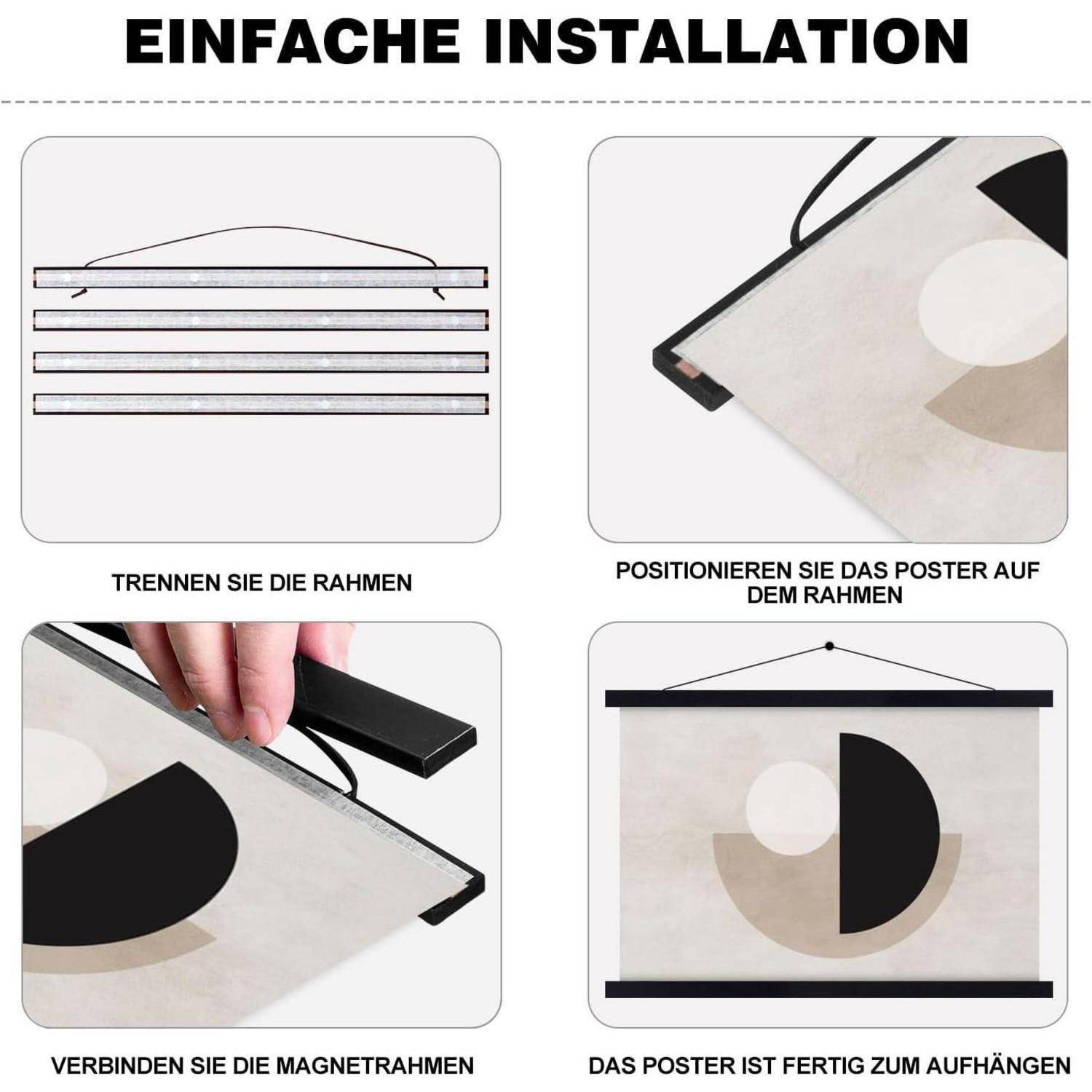 Das Bild zeigt einen 4-Schritt-Prozess zum Aufhängen eines Posters mit magnetischen Rahmen. Es umfasst das Teilen der Rahmen, das Positionieren des Posters, das Zusammenfügen der Rahmen und das Aufhängen des Posters.