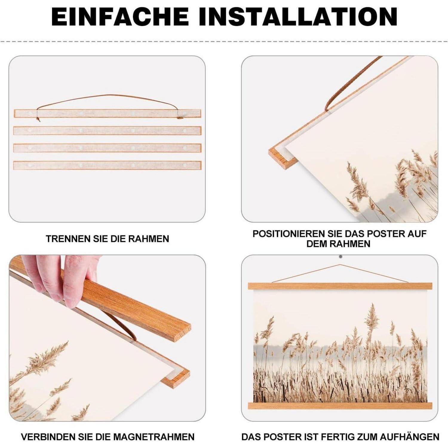 Installationsschritte für magnetischen Posterschacht: Rahmen trennen, Poster auf den Rahmen legen, Rahmen anbringen und fertiges Poster aufhängen.