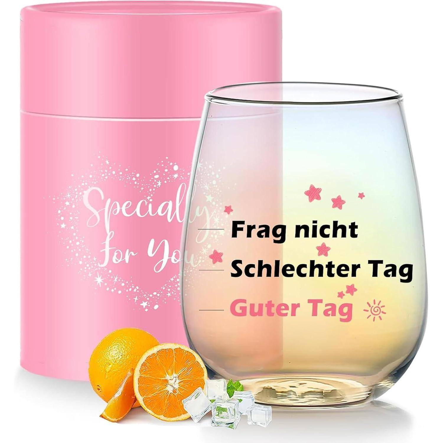 Ein pinker Behälter mit einem Sterndesign, daneben ein Glas mit deutscher Beschriftung, die Stimmungsstufen anzeigt: 