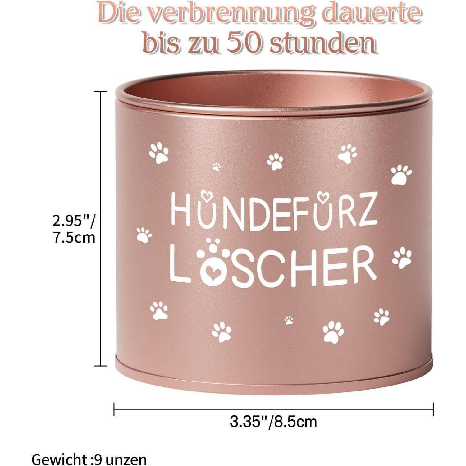 Ein rosa Kerzencontainer mit dem Text 'Hundepups Löscher'. Er misst ungefähr 8,5 cm im Durchmesser und 7,5 cm in der Höhe.
